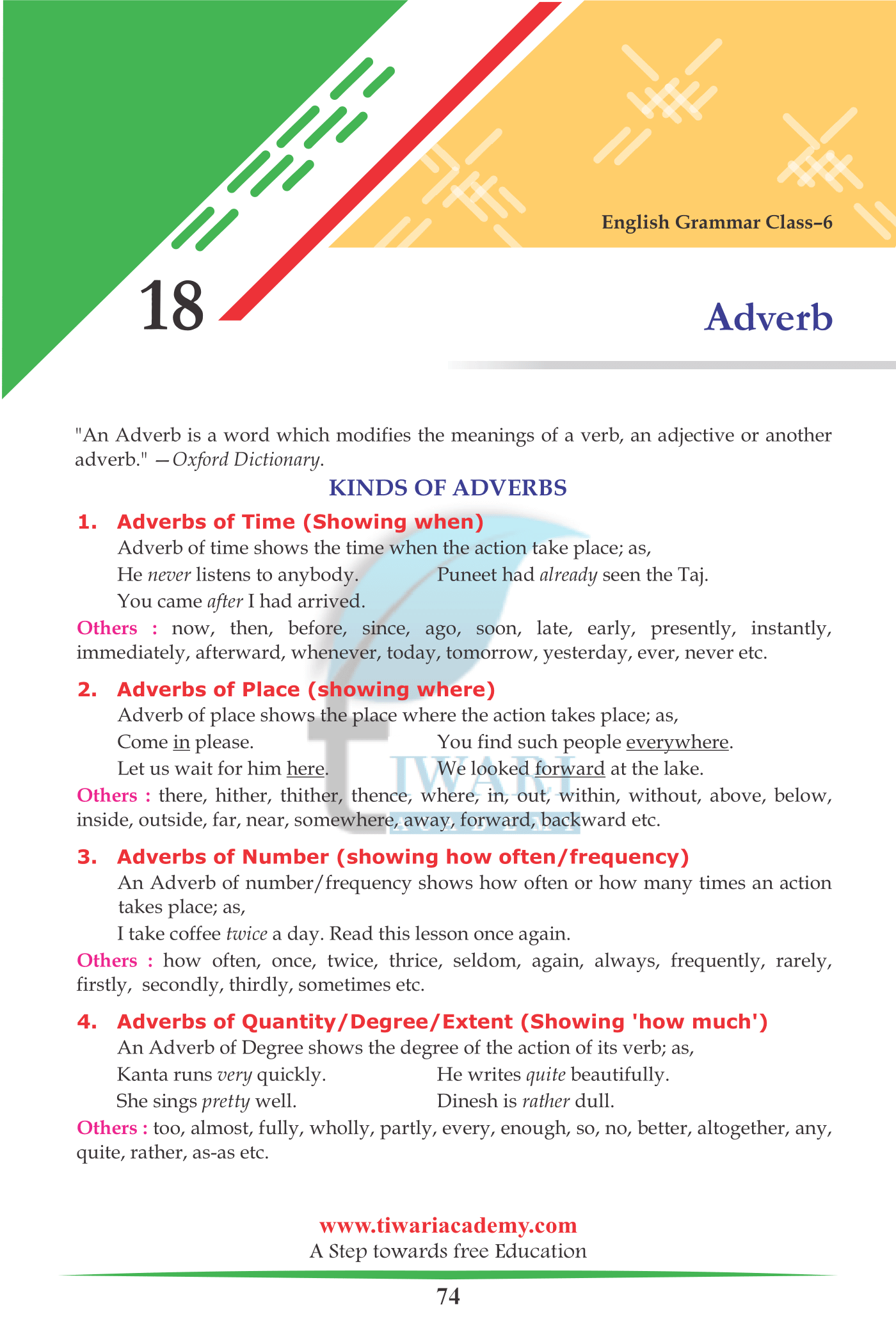 Class 6 English Grammar Chapter 18 Adverbs