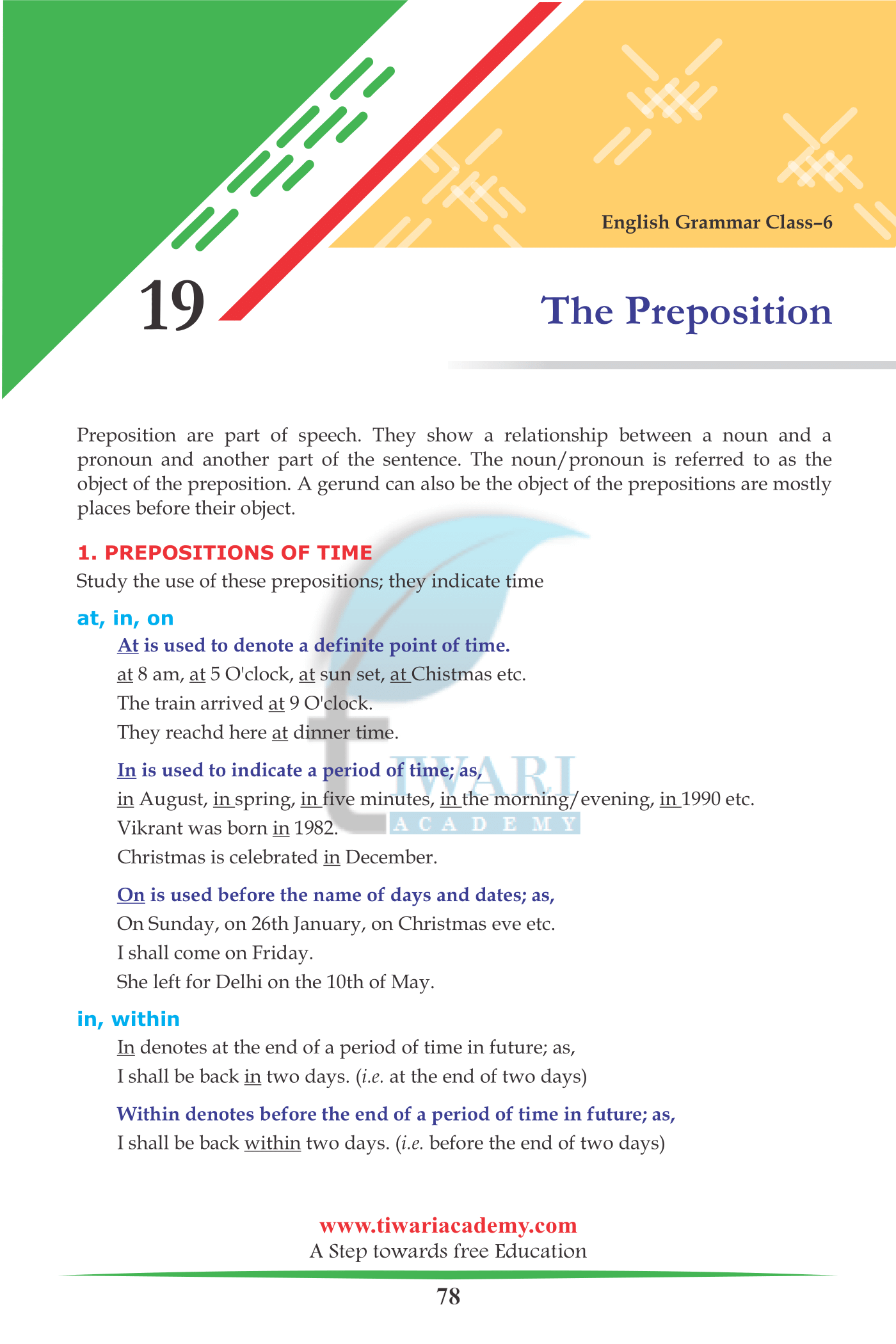 Class 6 English Grammar Chapter 19 the Prepositions
