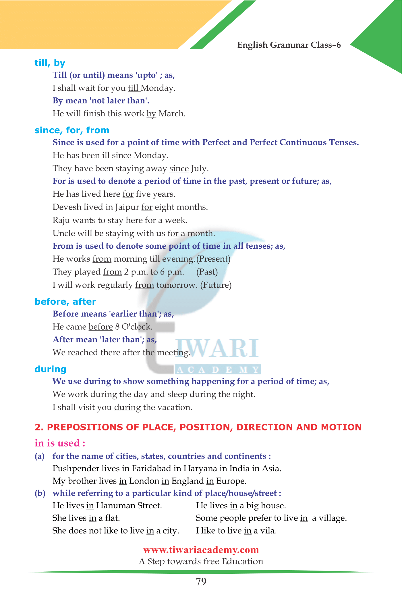 class 6 english grammar chapter 19 the preposition session 2022 2023