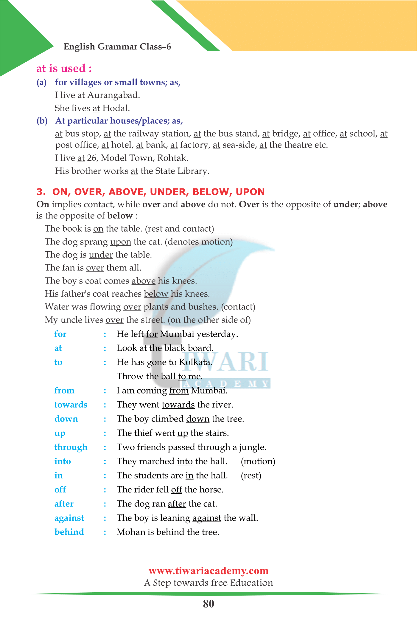 Class 6 English the Preposition