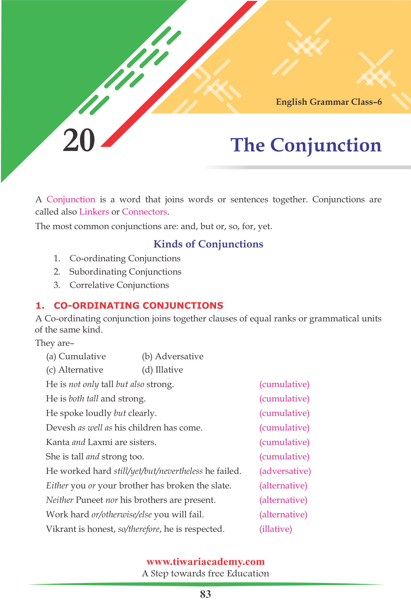 Class 6 English Grammar Chapter 20 Conjunctions