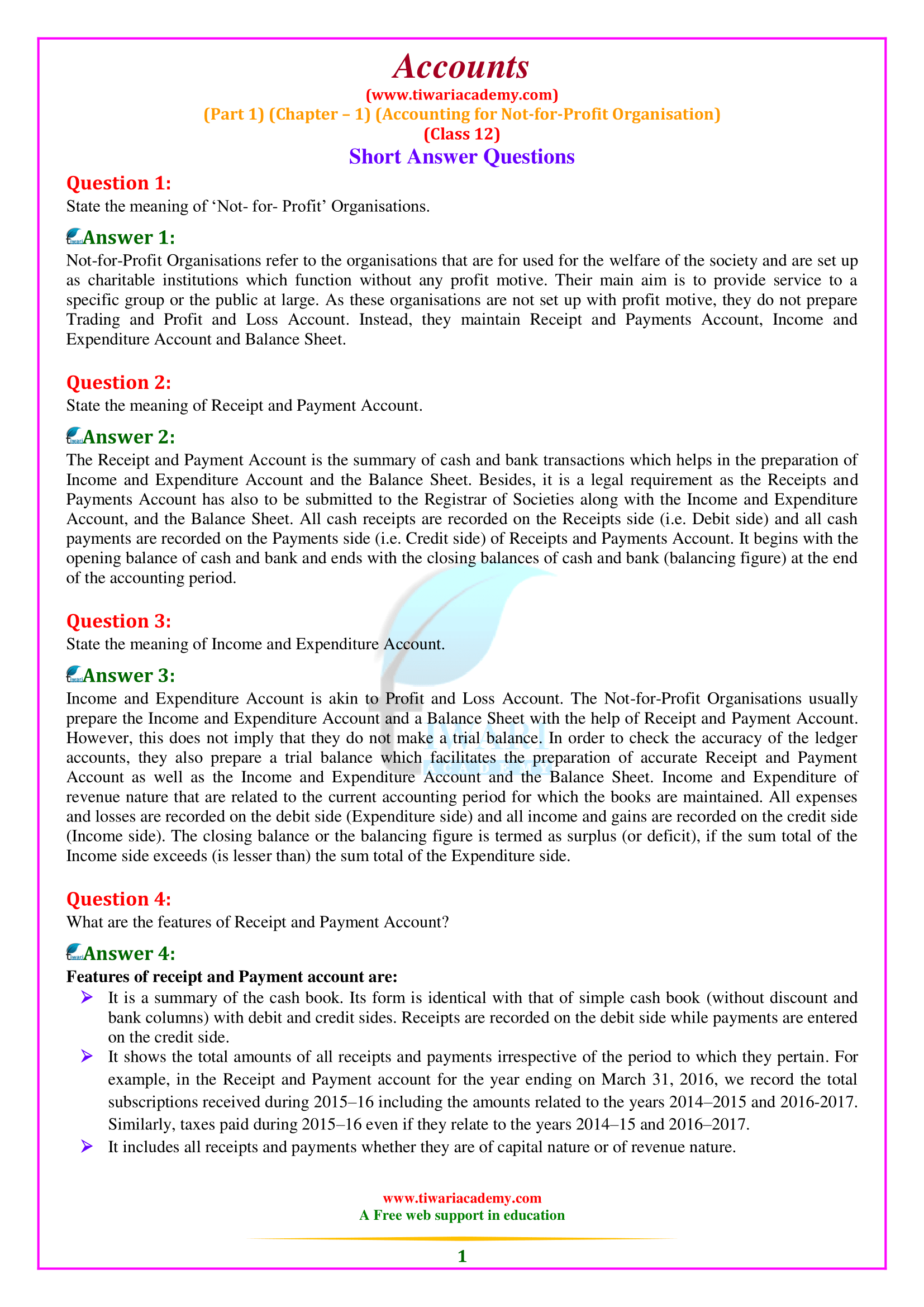 NCERT Solutions for Class 12 Accountancy Chapter 1 (Part 1) Accounting for Not-for-profit Organisation