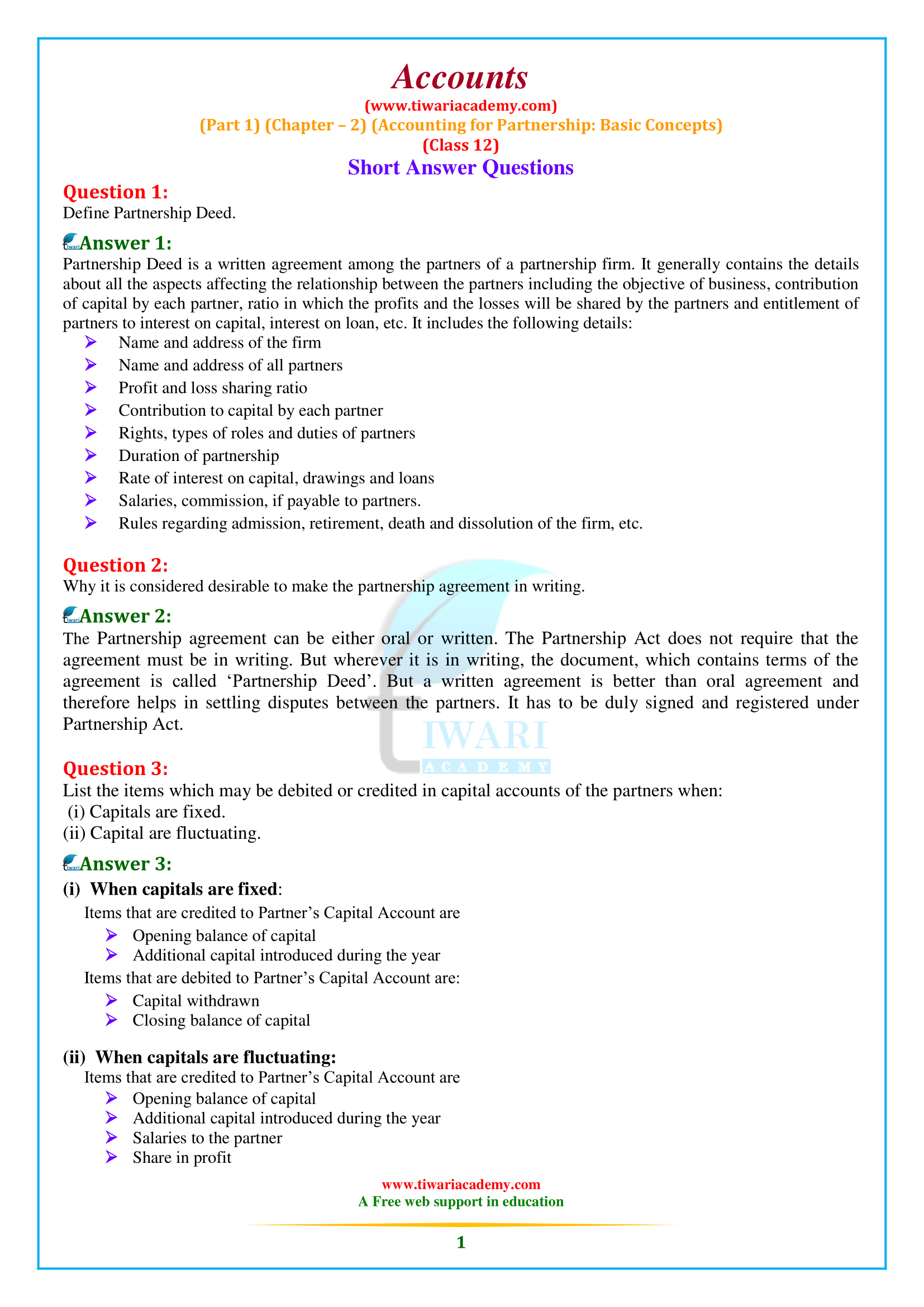 NCERT Solutions for Class 12 Accountancy Chapter 2 (Part 1) Accounting for Partnership Basic Concepts