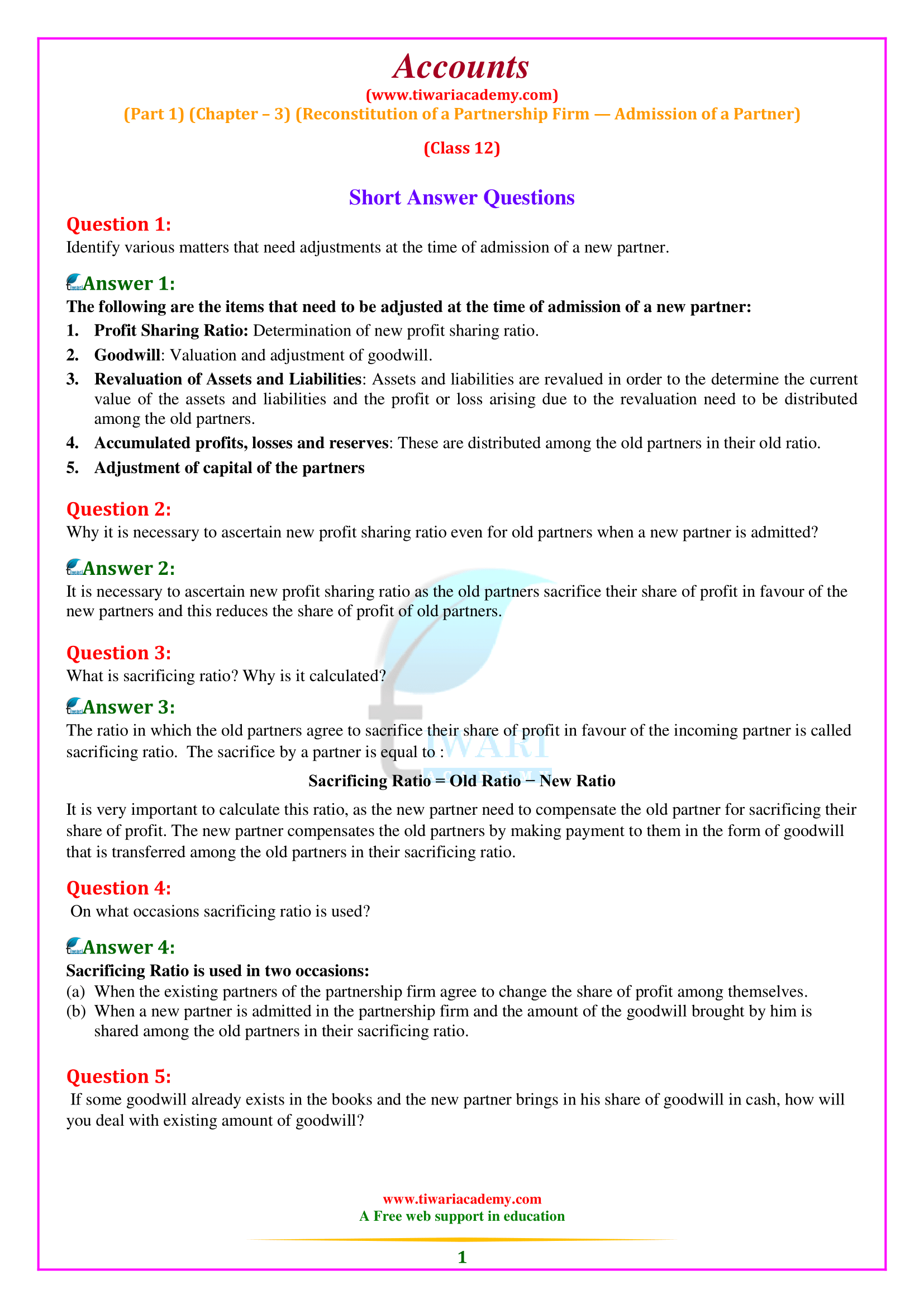 Class 12 Accountancy Chapter 3 Part 1 Reconstitution of a Partnership Firm-Admission of a Partner