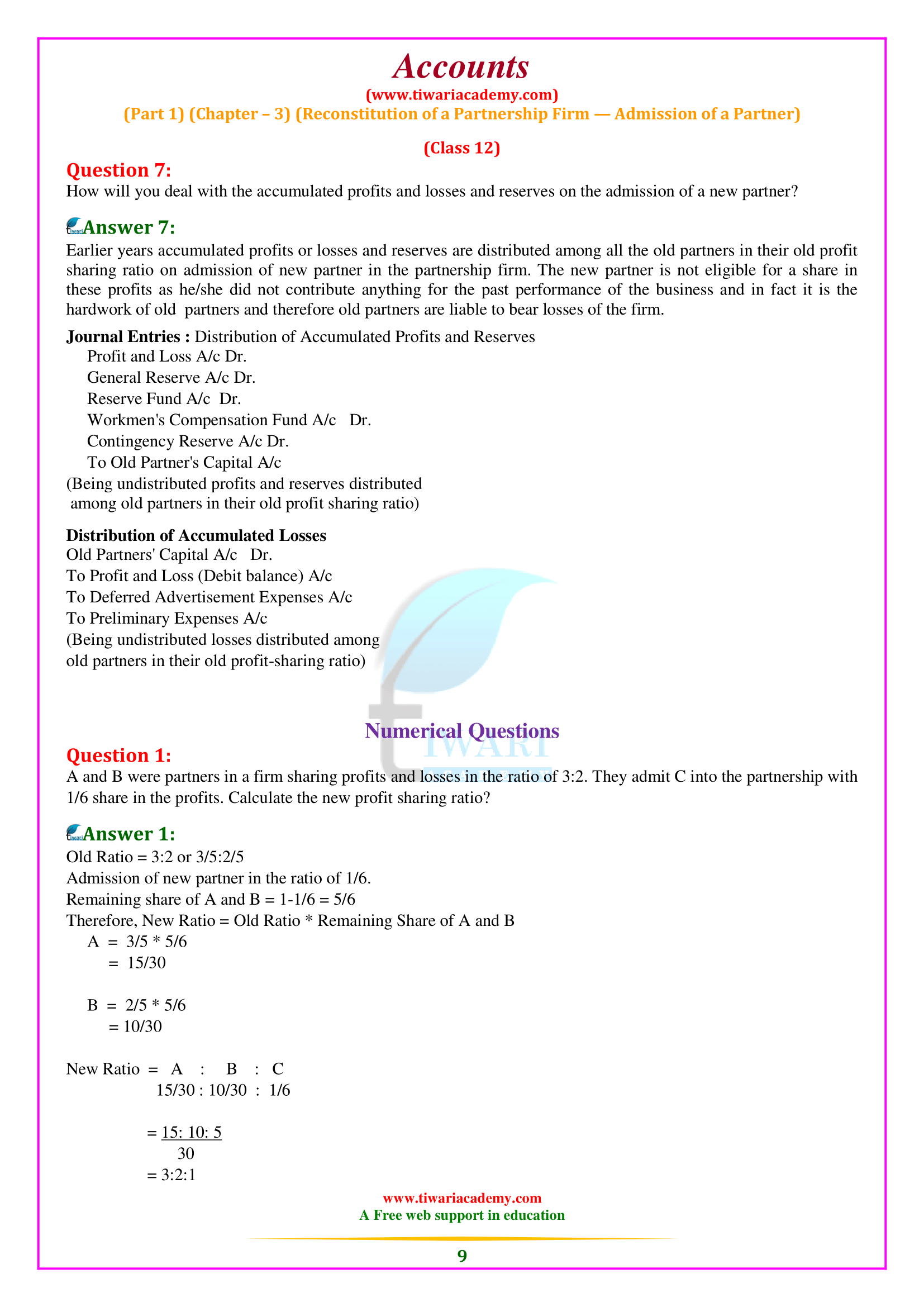 NCERT Solutions for Class 12 Accountancy Chapter 3 for up board