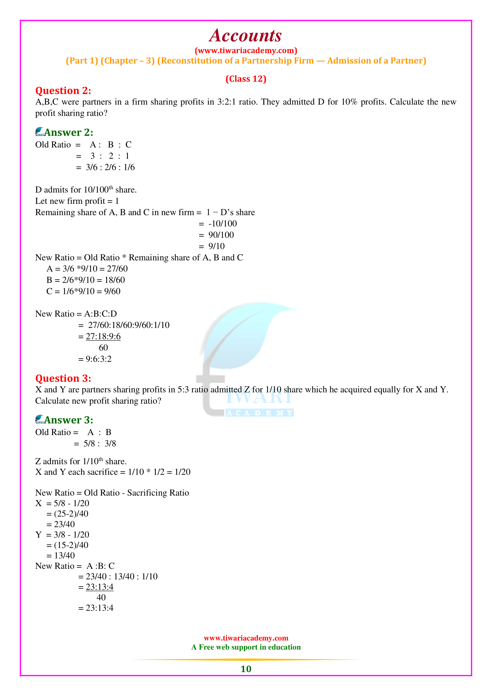 NCERT Solutions for Class 12 Accountancy Chapter 3 for mp board