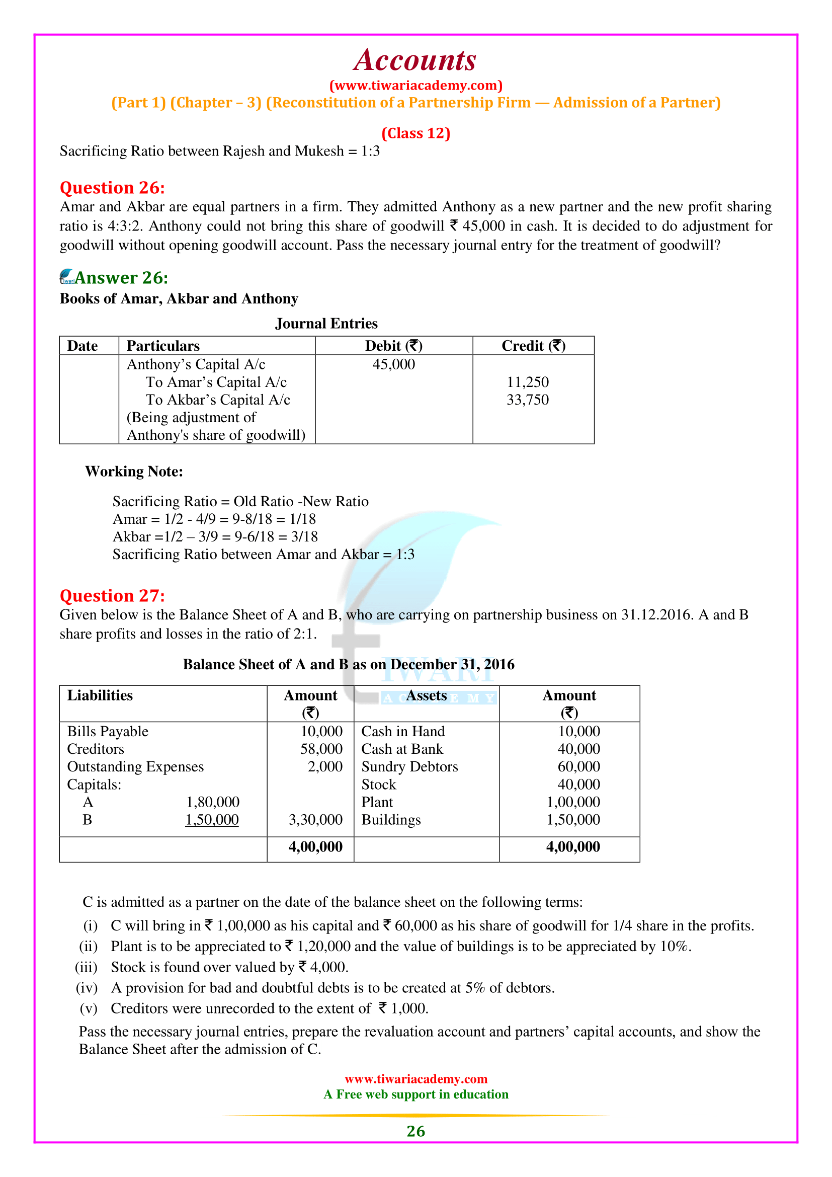 12th Accounts Chapter 3 CBSE solutions