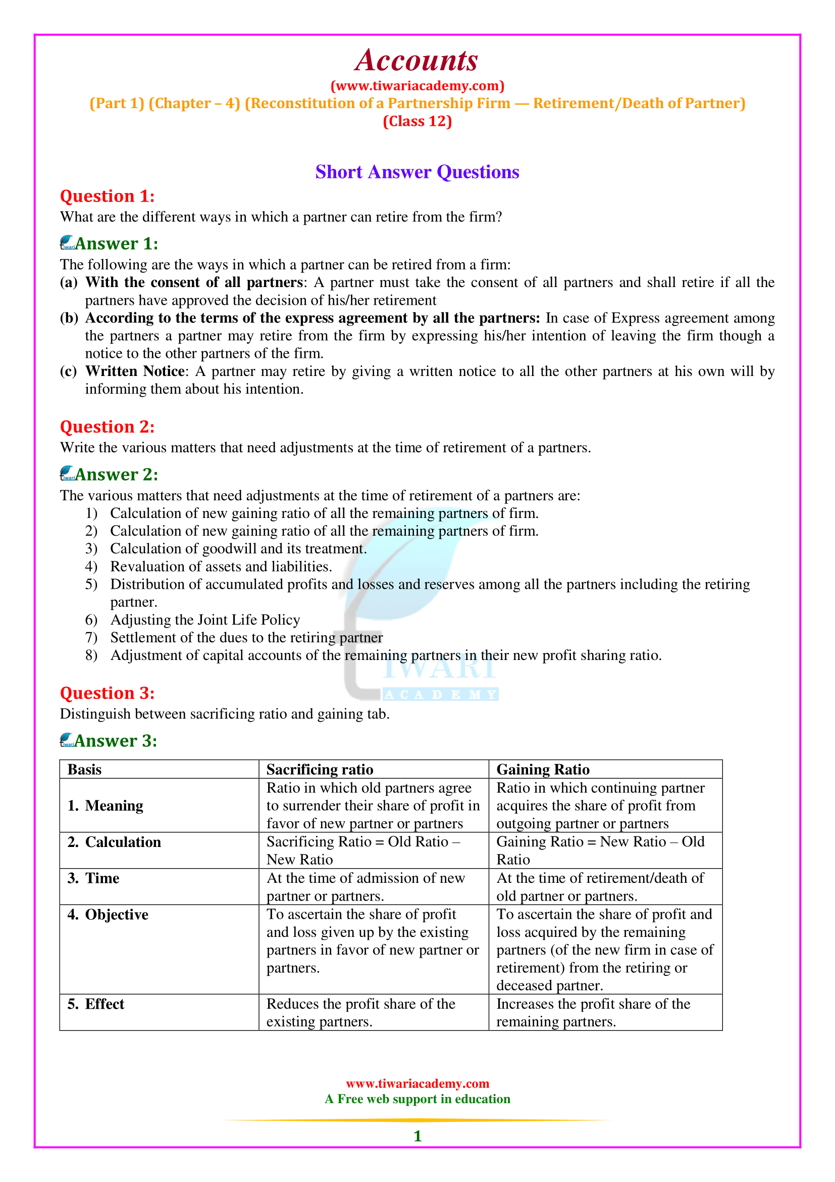 NCERT Solutions for Class 12 Accountancy Chapter 4 (Part 1) Reconstitution of a Partnership Firm-Admission of a Partner