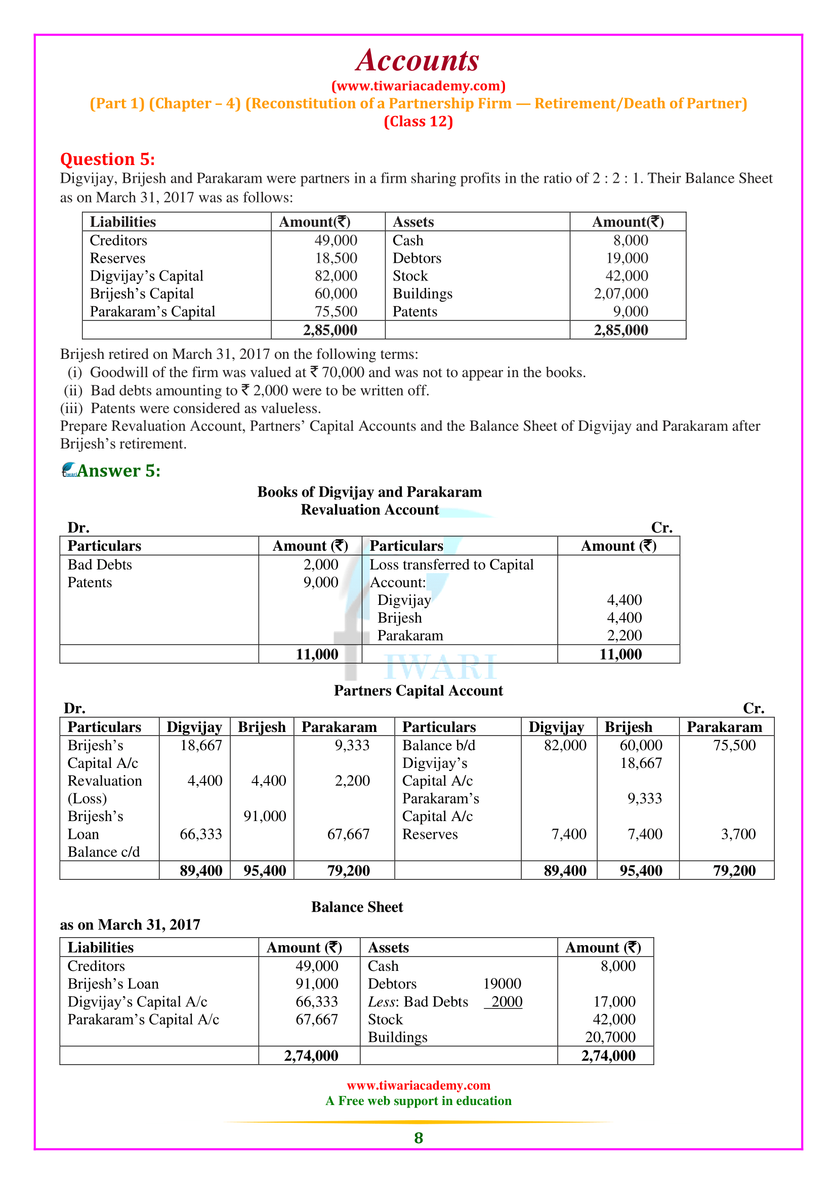 NCERT Solutions for Class 12 Accountancy Chapter 4 Admission of a Partner for up board