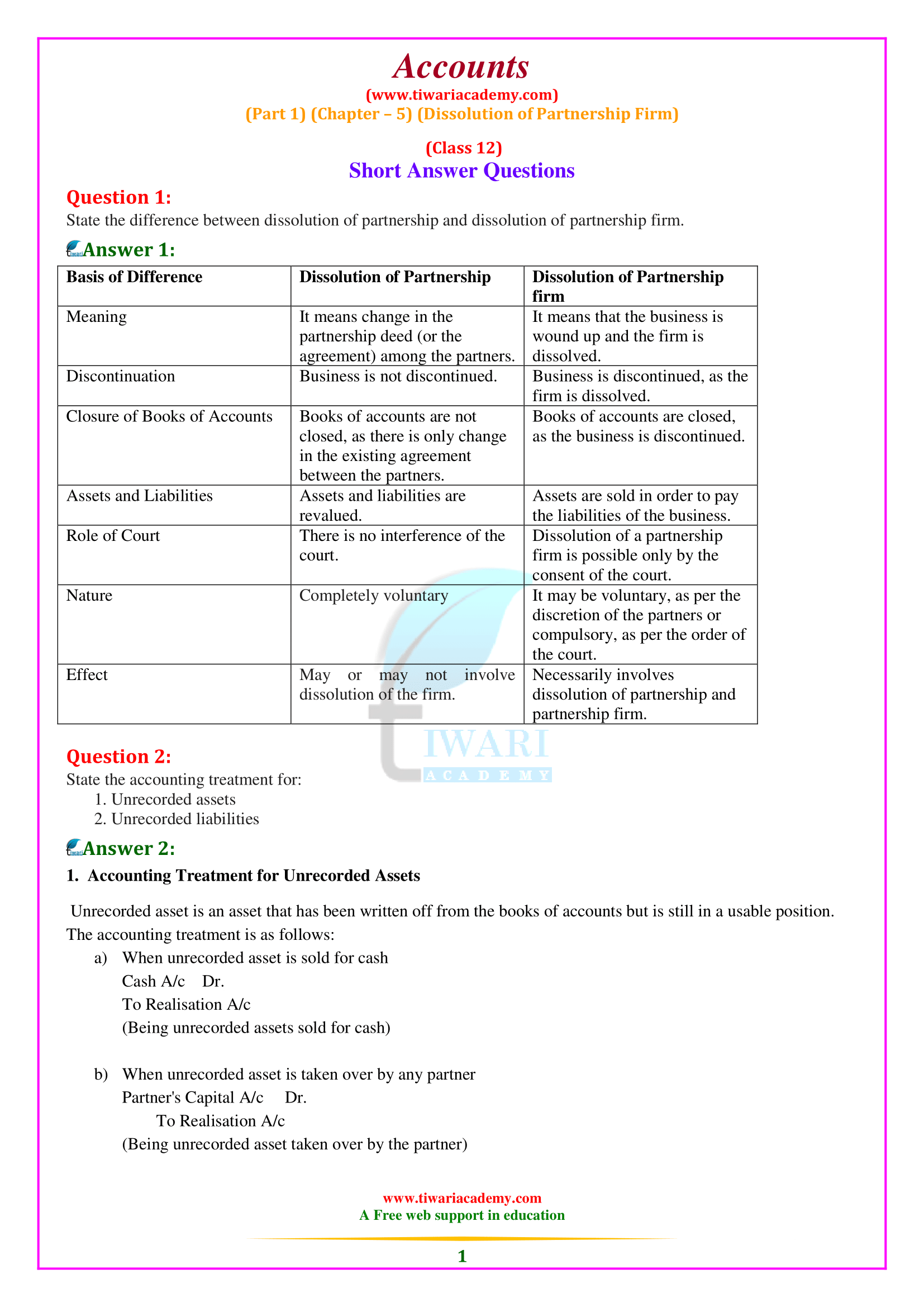 NCERT Solutions for Class 12 Accountancy Chapter 5 (Part 1) Dissolution of Partnership Firm