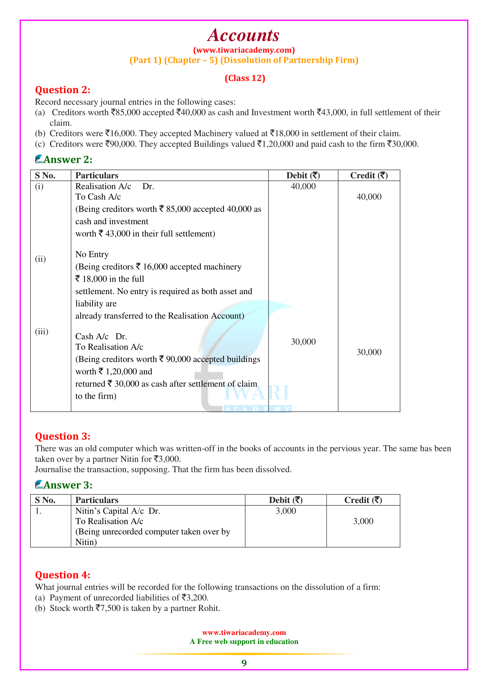 Class 12 Accountancy Chapter 5 Dissolution of Partnership Firm Question answers