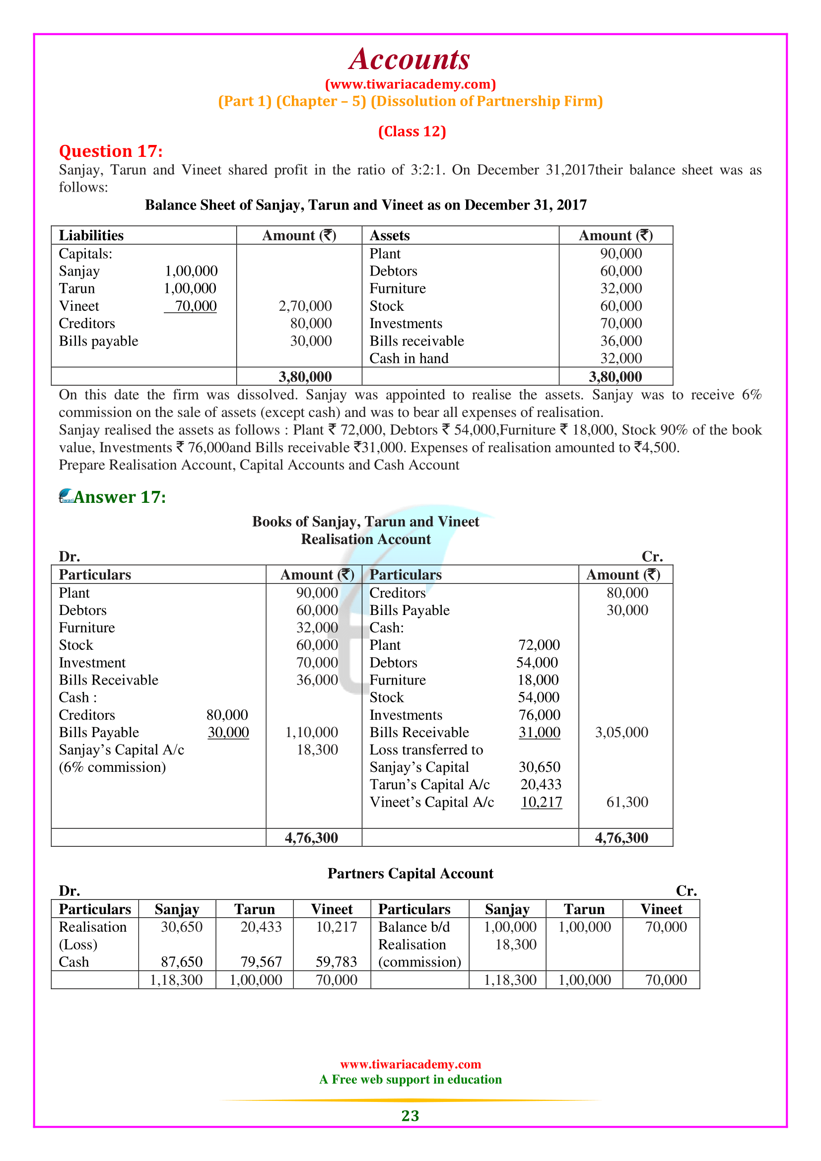 12th Accounts Chapter 5 Dissolution of Partnership Firm long answers type questions