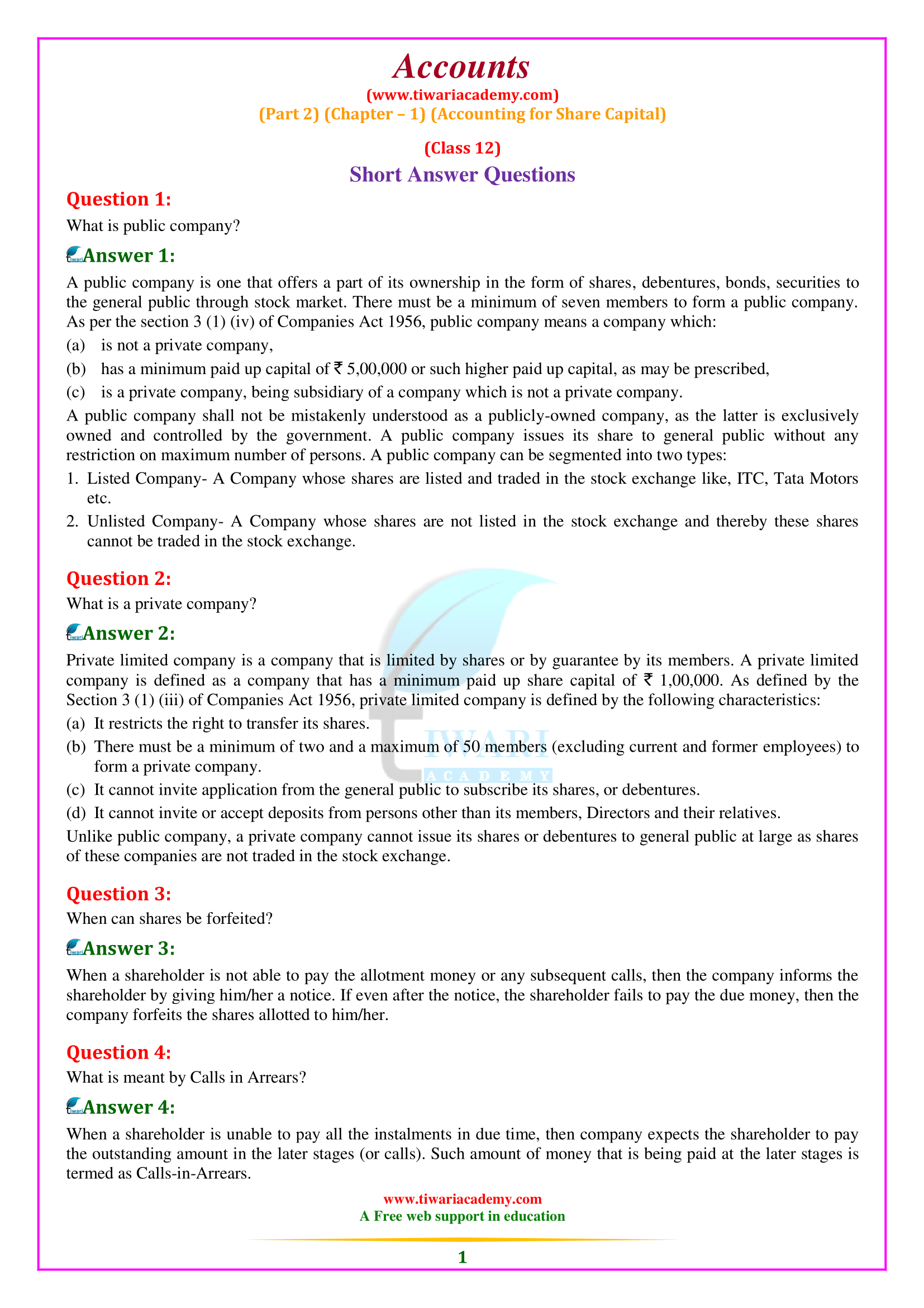 NCERT Solutions for Class 12 Accountancy Part 2 Chapter 1 Accounting for Share Capital.