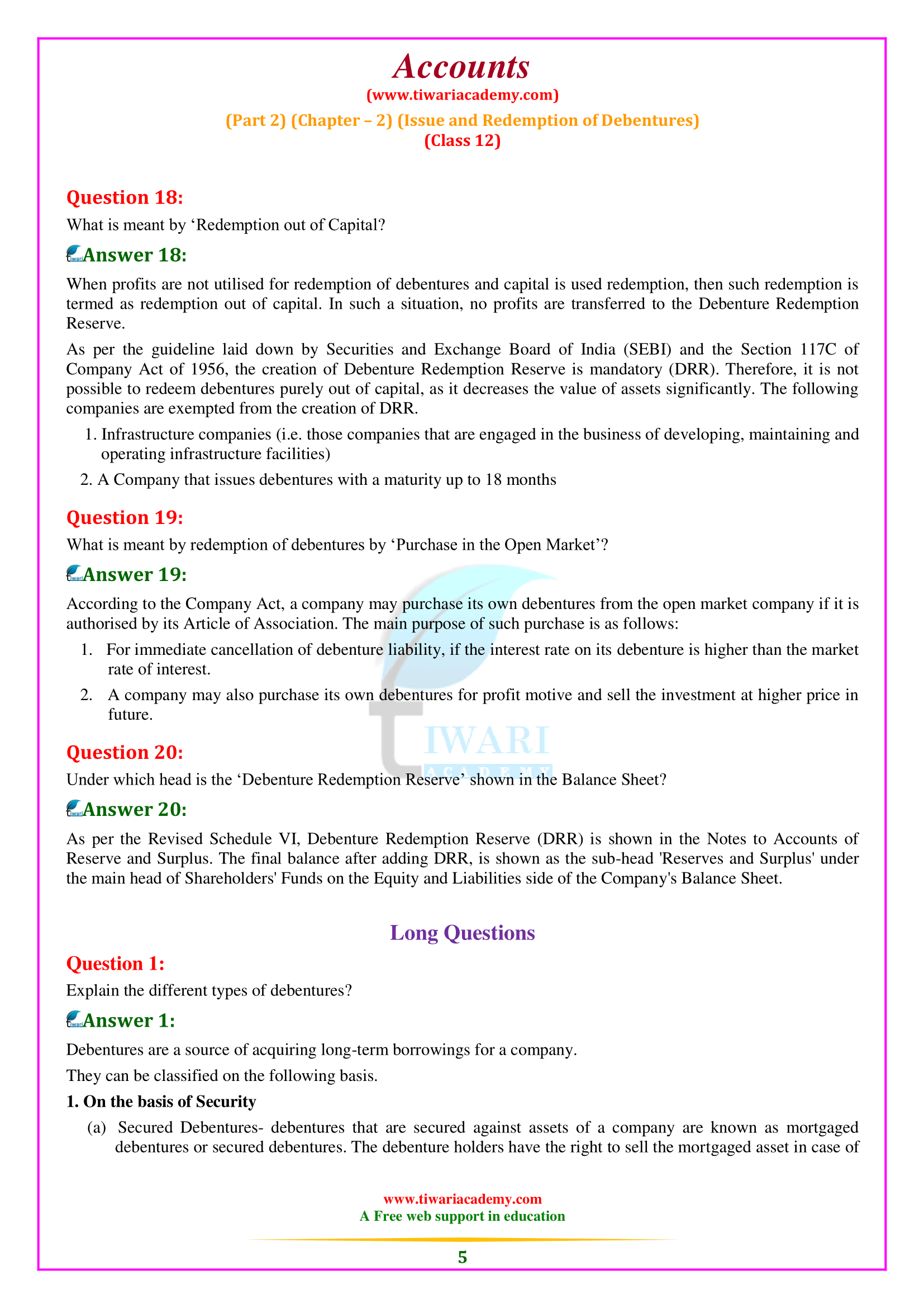 Issue and Redemption of Debentures. for class 12