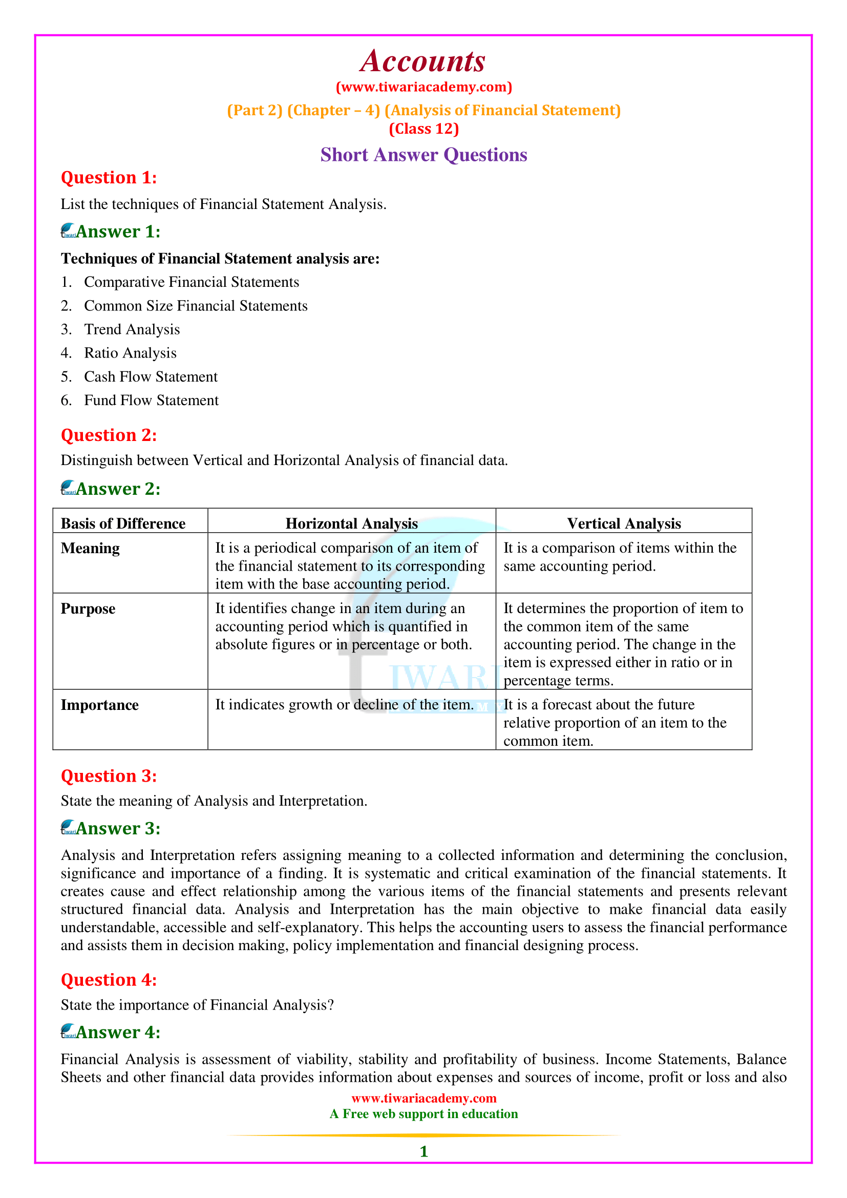 Class 12 Accountancy Part 2 Chapter 4 Analysis of Financial Statements