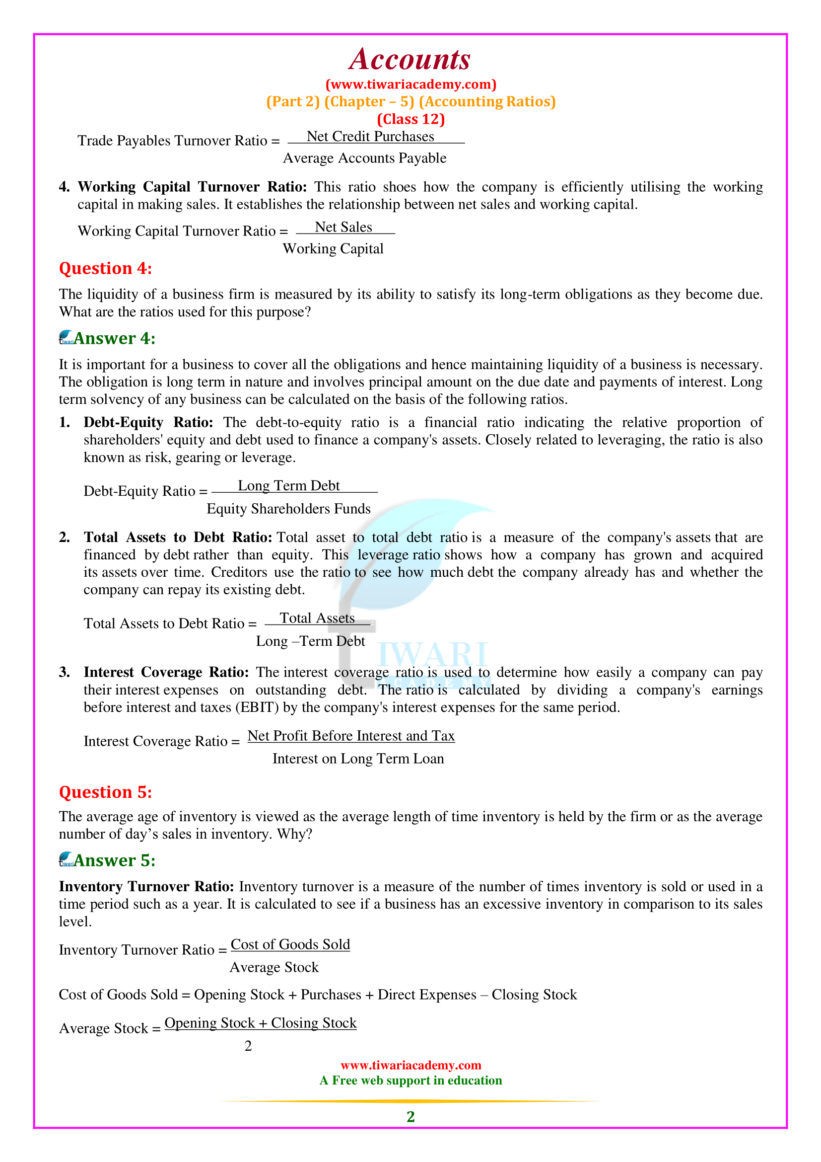 NCERT Solutions for Class 12 Accountancy Part 2 Accounting Ratios