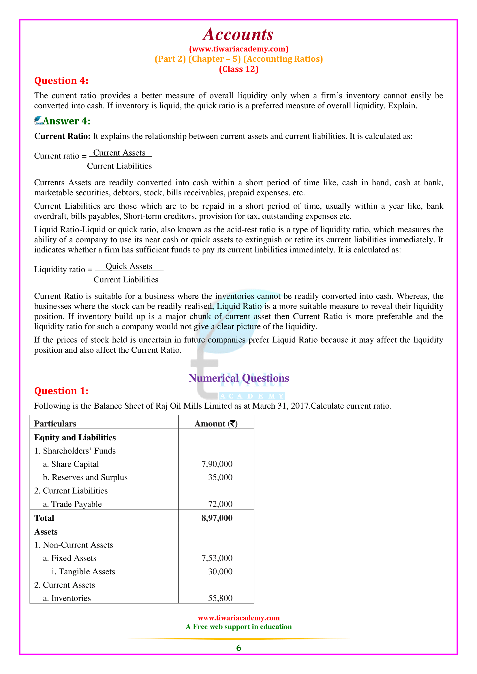 Class 12 Accounts Chapter 5 Accounting Ratios solutions