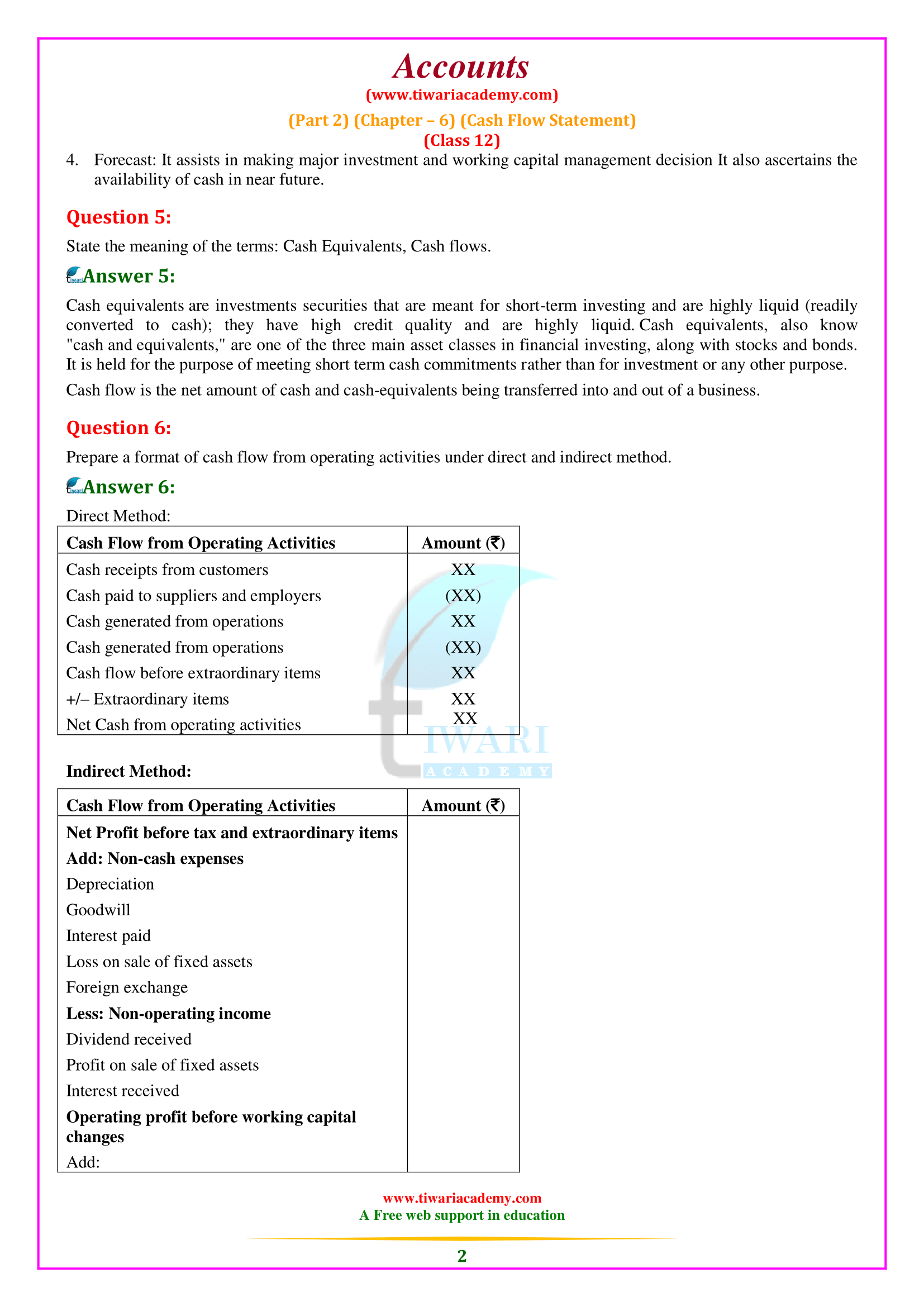 NCERT Solutions for Class 12 Accountancy Part 2 Cash Flow Statement