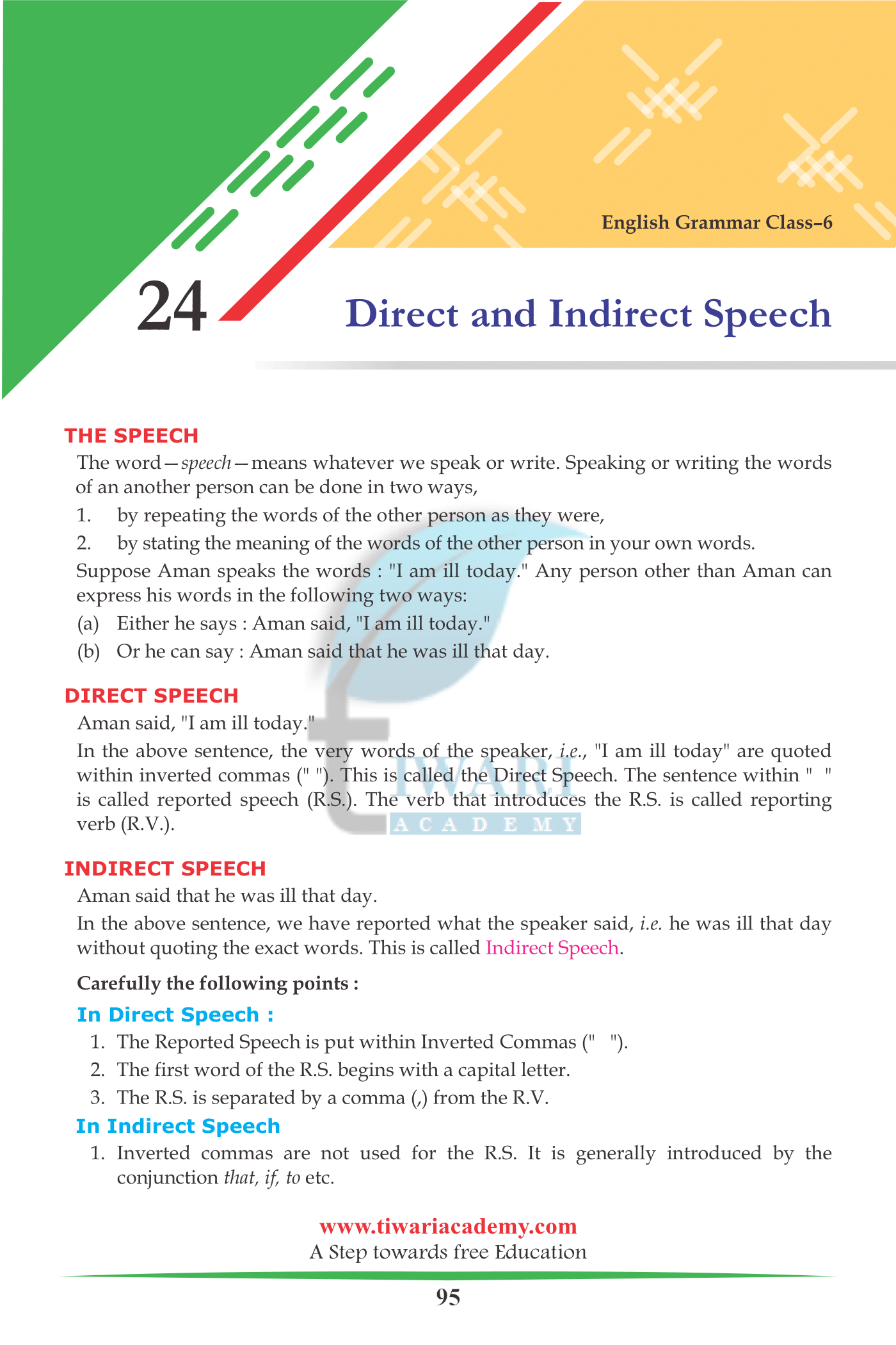 Class 6 English Grammar Chapter 24 Direct and Indirect Speech