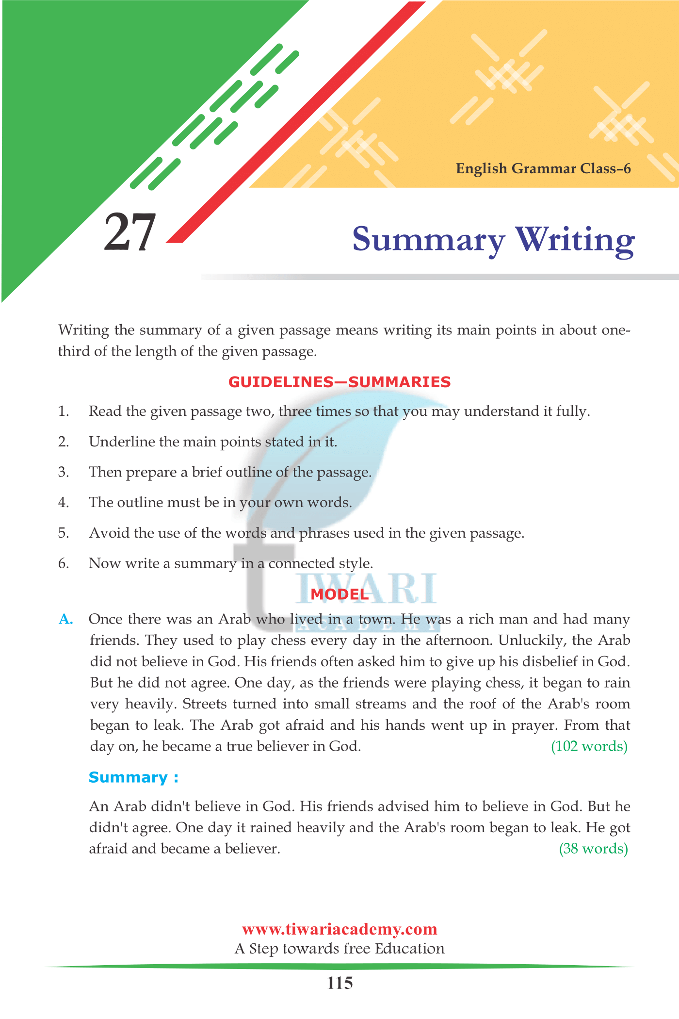 Class 6 English Grammar Chapter 27 Summary Writing