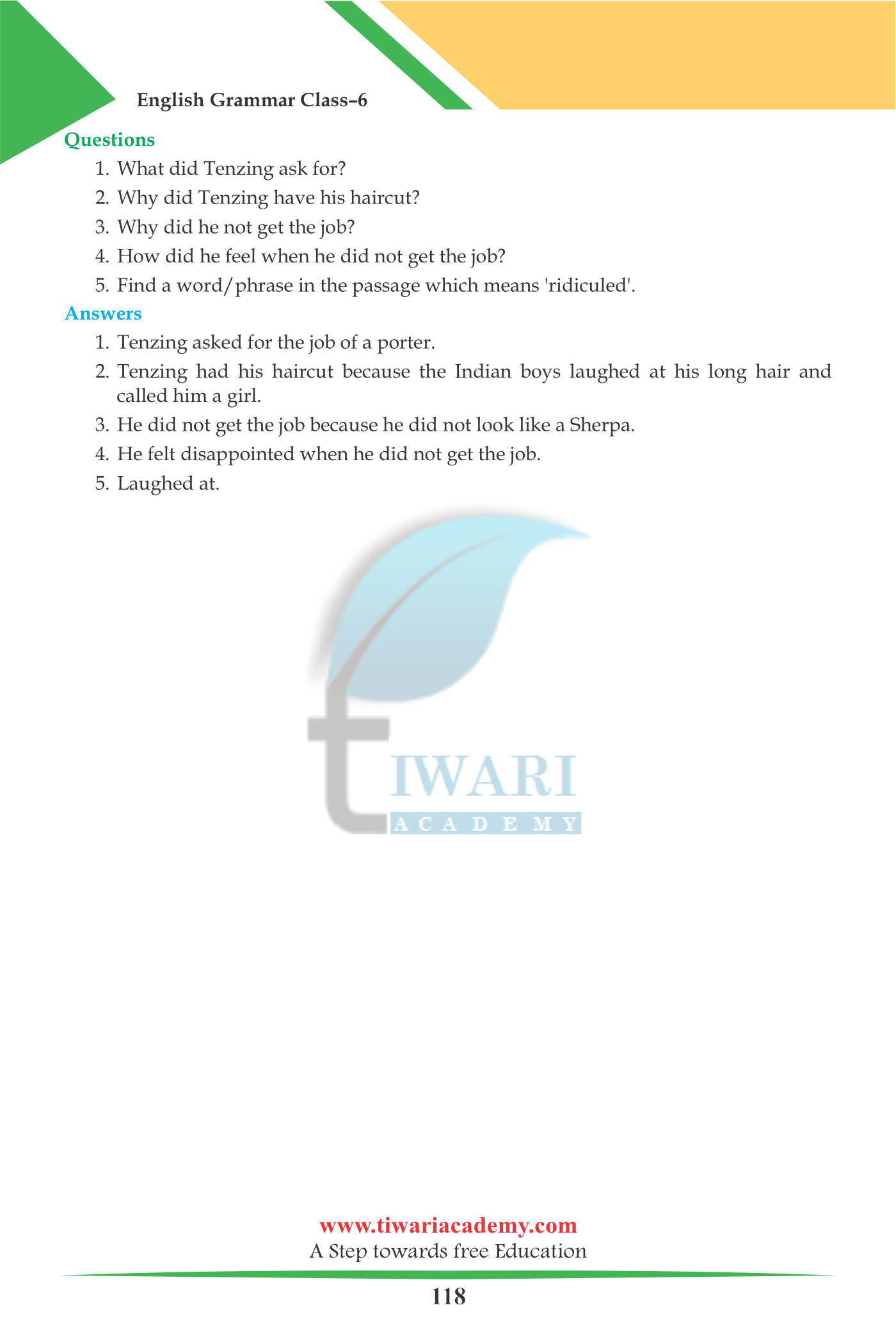 6th Grammar Unseen passage answers