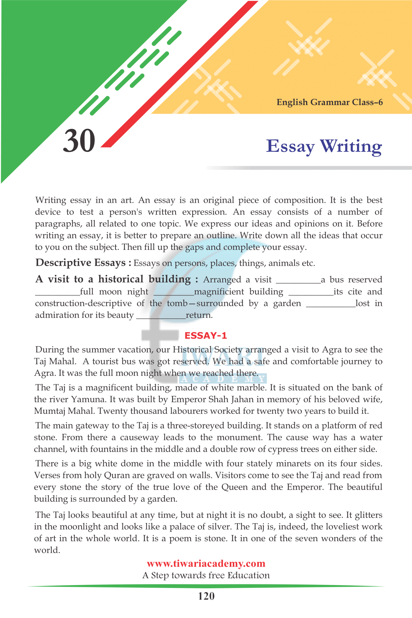 essay writing in english for class 6