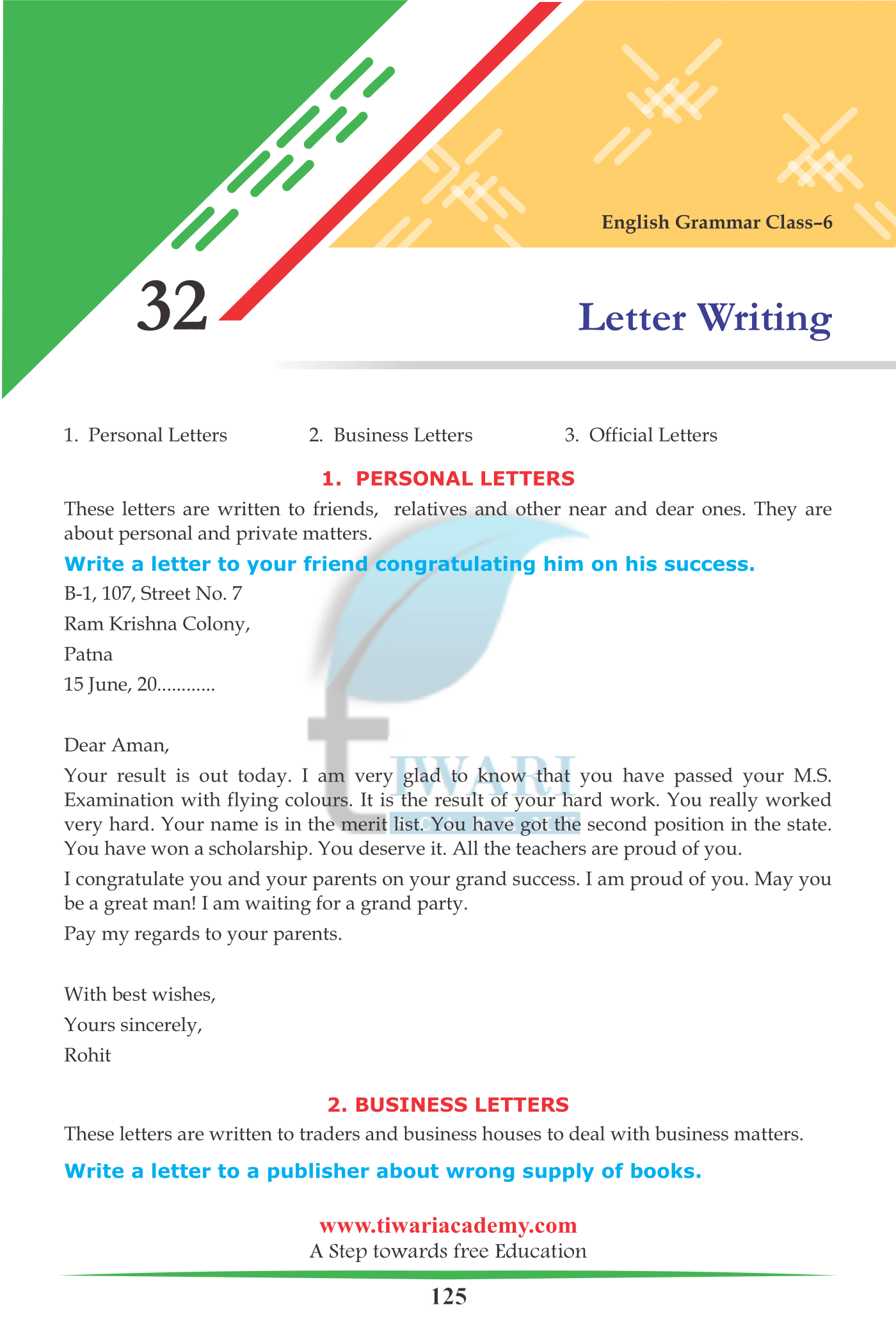 6th English Grammar Letter Writing