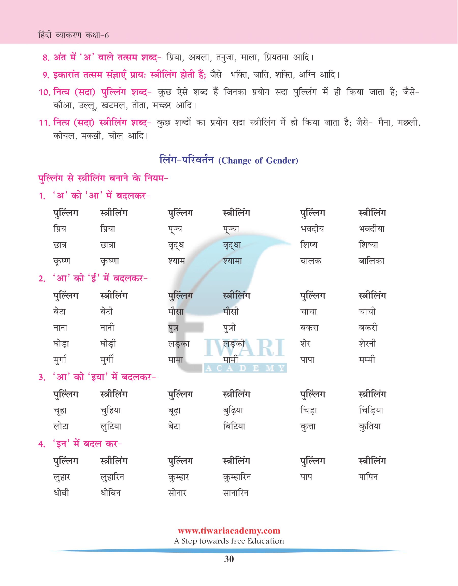 NCERT Solutions for Class 6 Hindi Grammar Chapter 6 लिंग (Ling) तथा उसके भेद