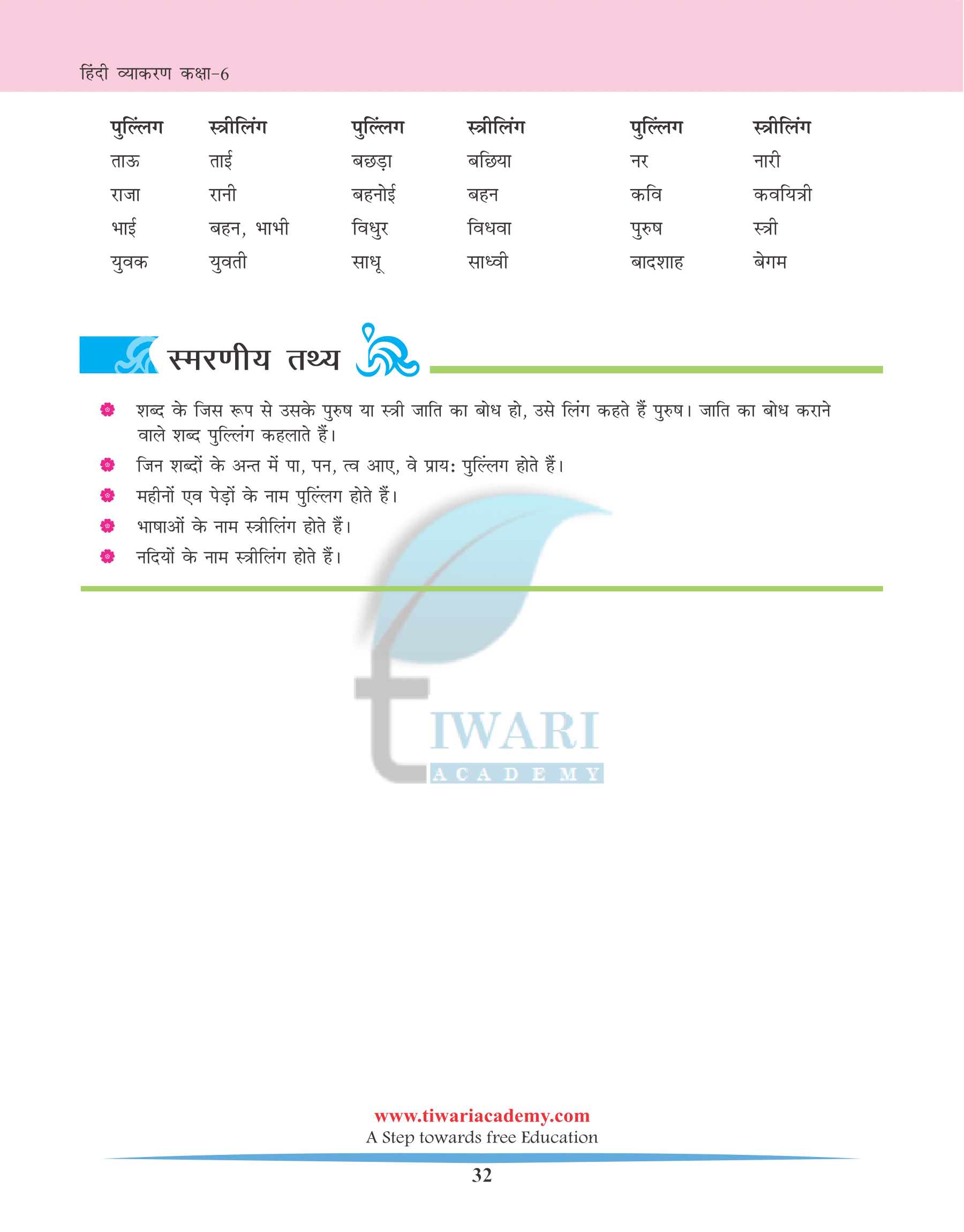 कक्षा 6 के लिए हिन्दी व्याकरण पाठ 6 लिंग तथा उसके भेद
