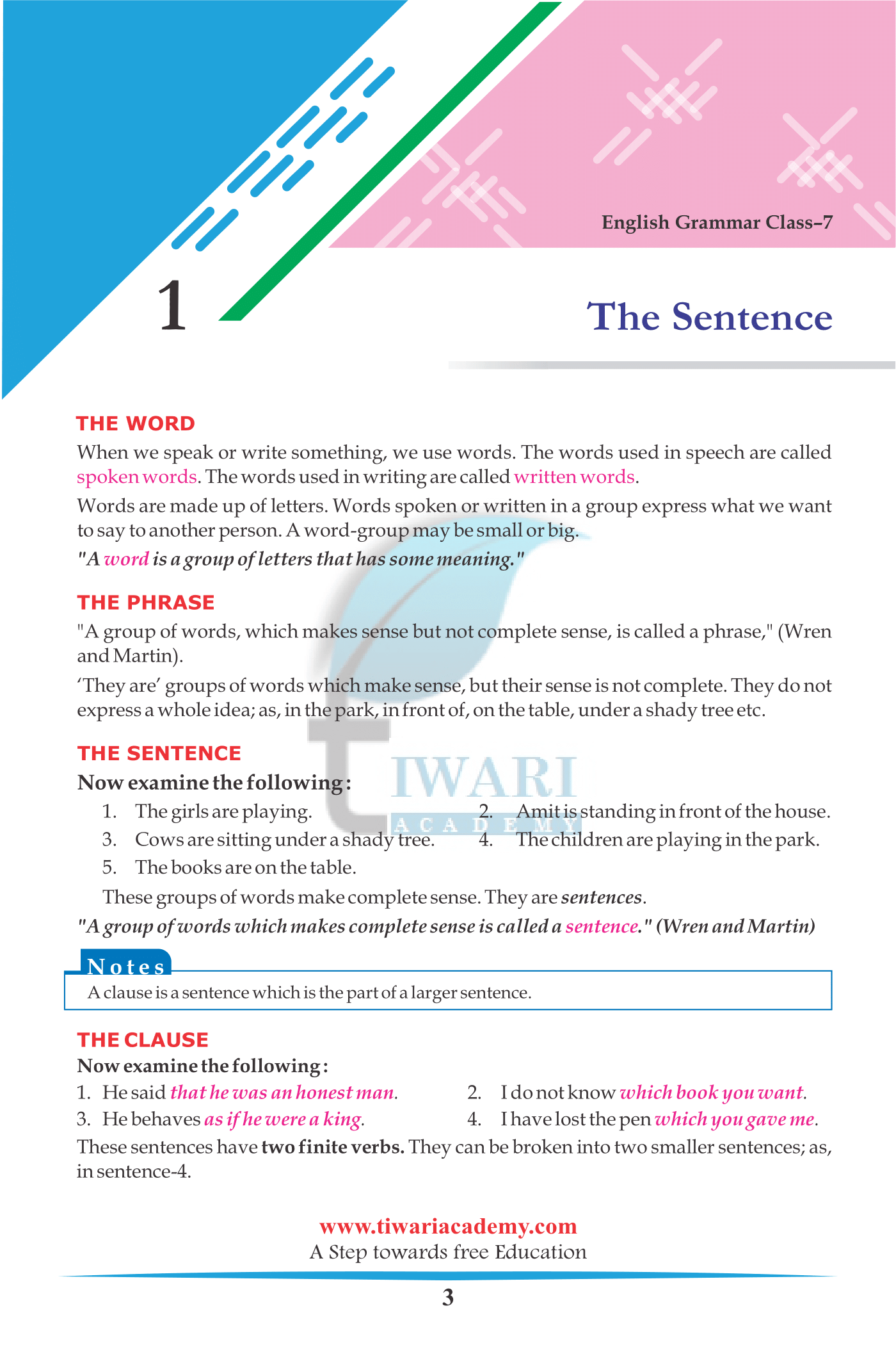 Class 7 English Grammar Chapter 1 The Sentence solutions