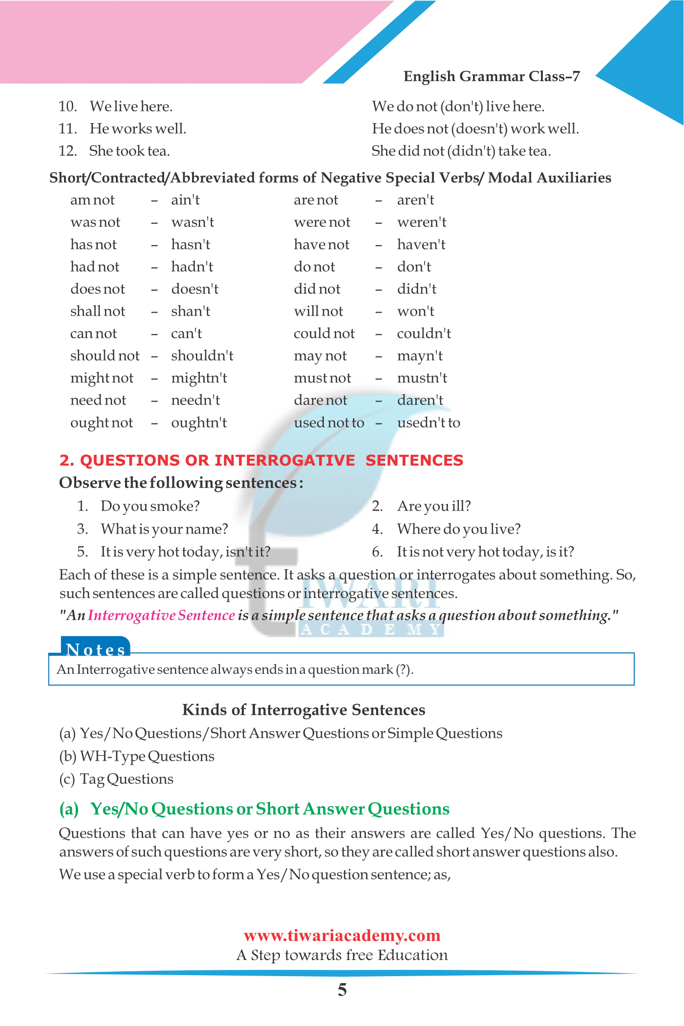 grammar assignment for class 7