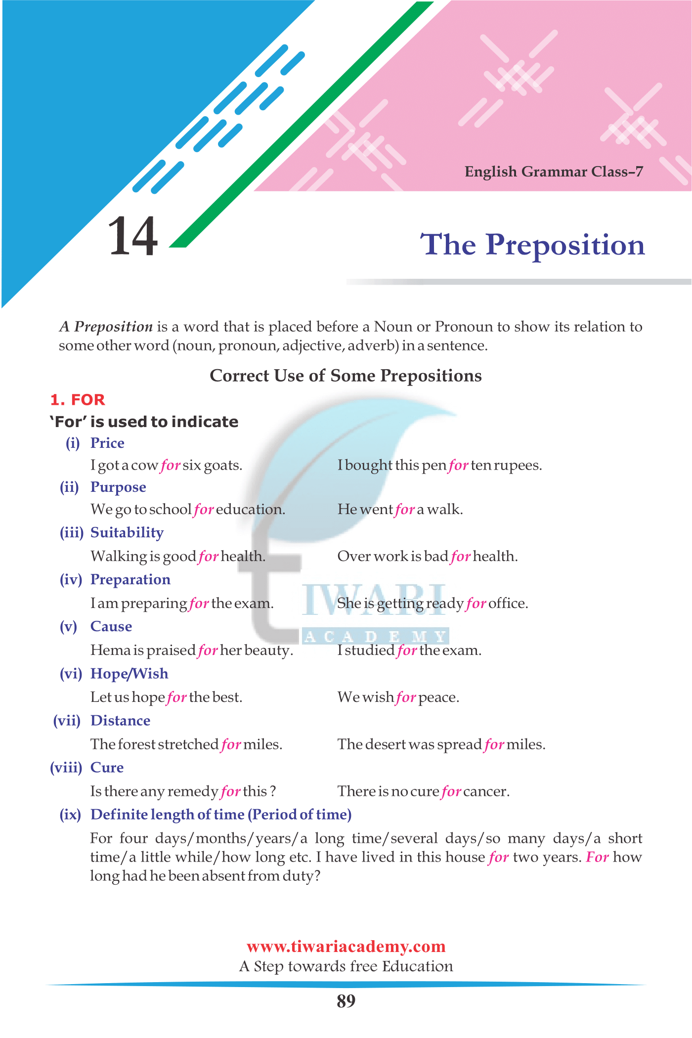 Class 7 English Grammar Chapter 14 The Preposition for session 2022-2023