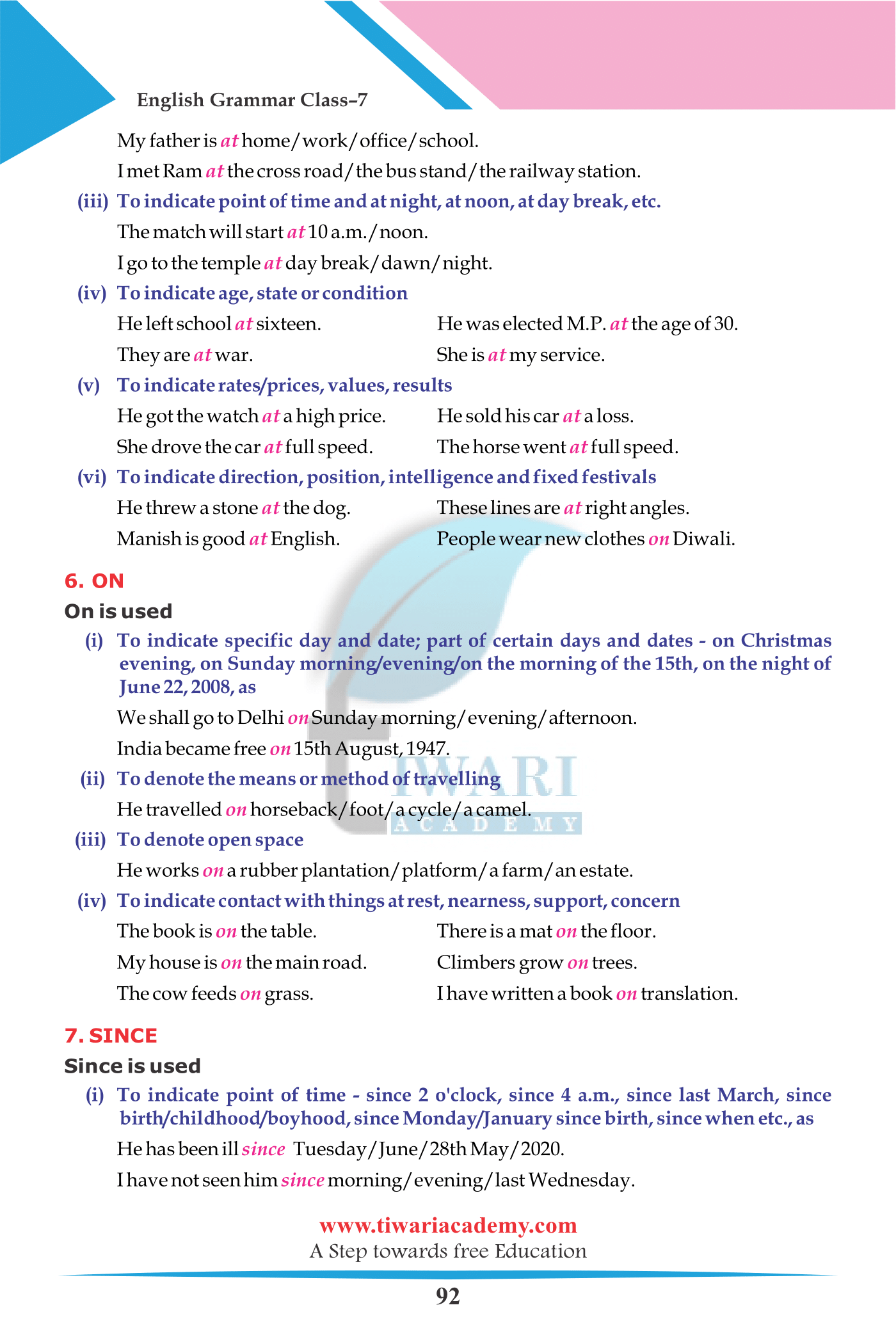 Standard 7 English Grammar Chapter 14 The Preposition