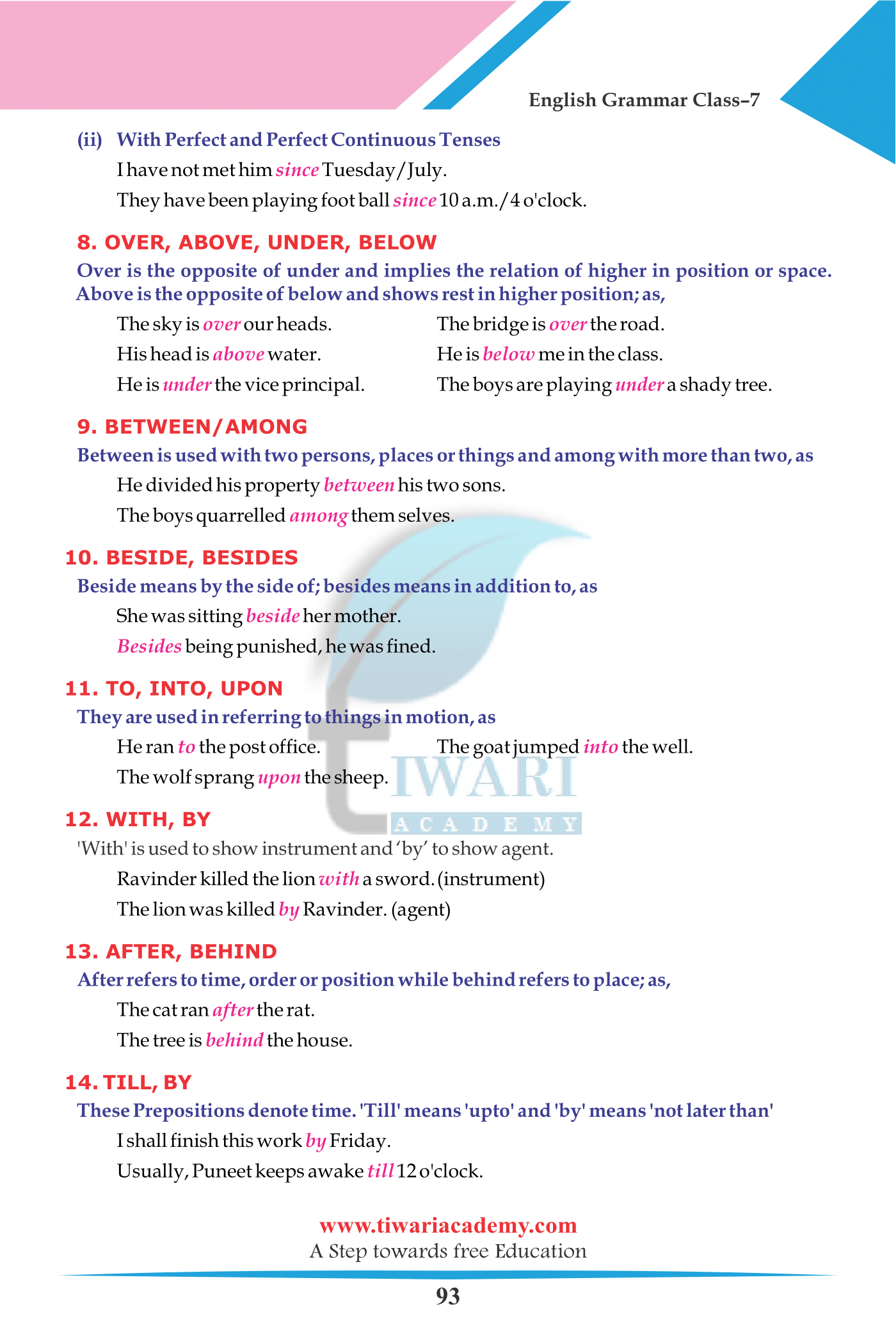 Grade 7 English Grammar Chapter 14 The Preposition