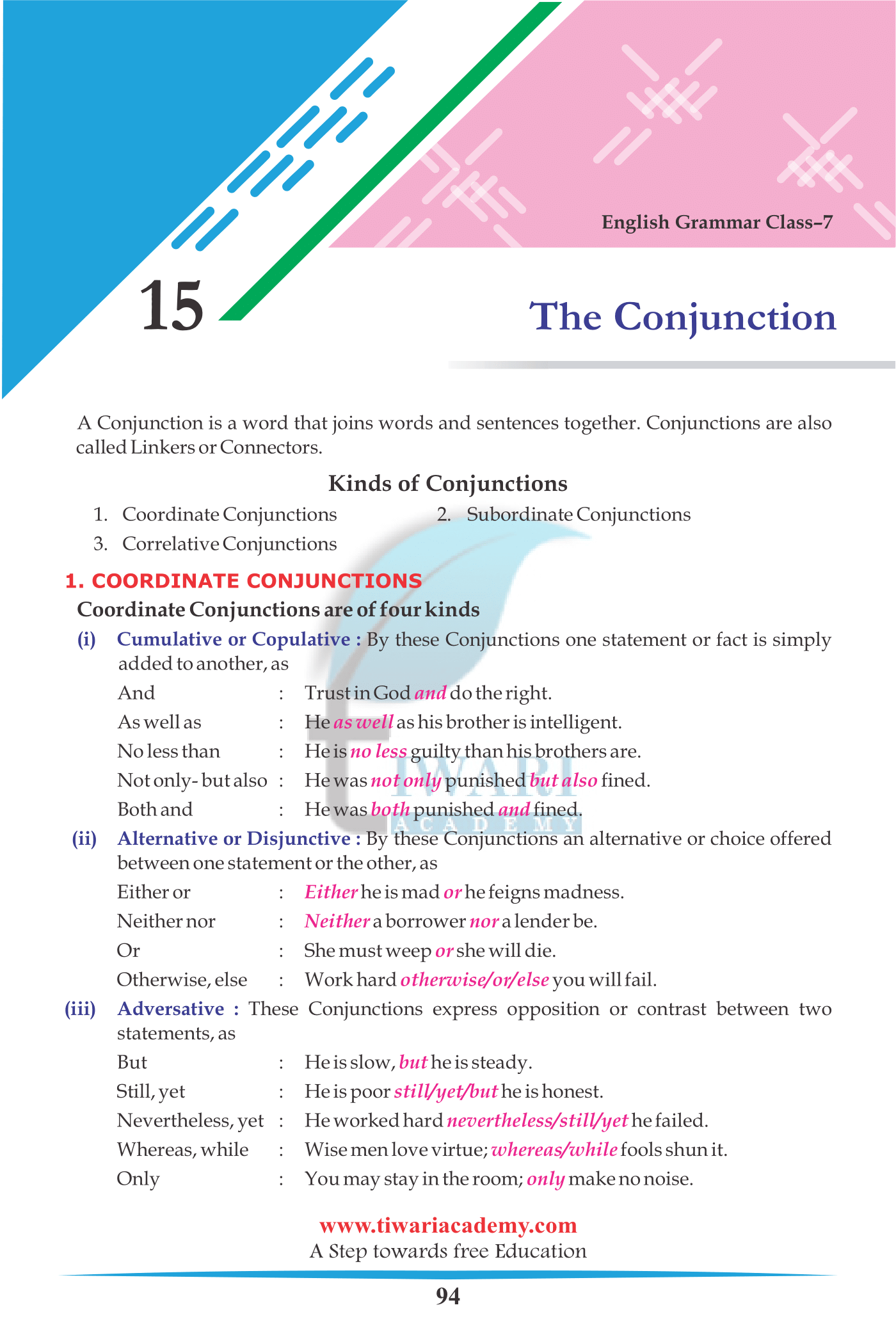 Class 7 English Grammar Chapter 15 The Conjunction for session 2022-2023