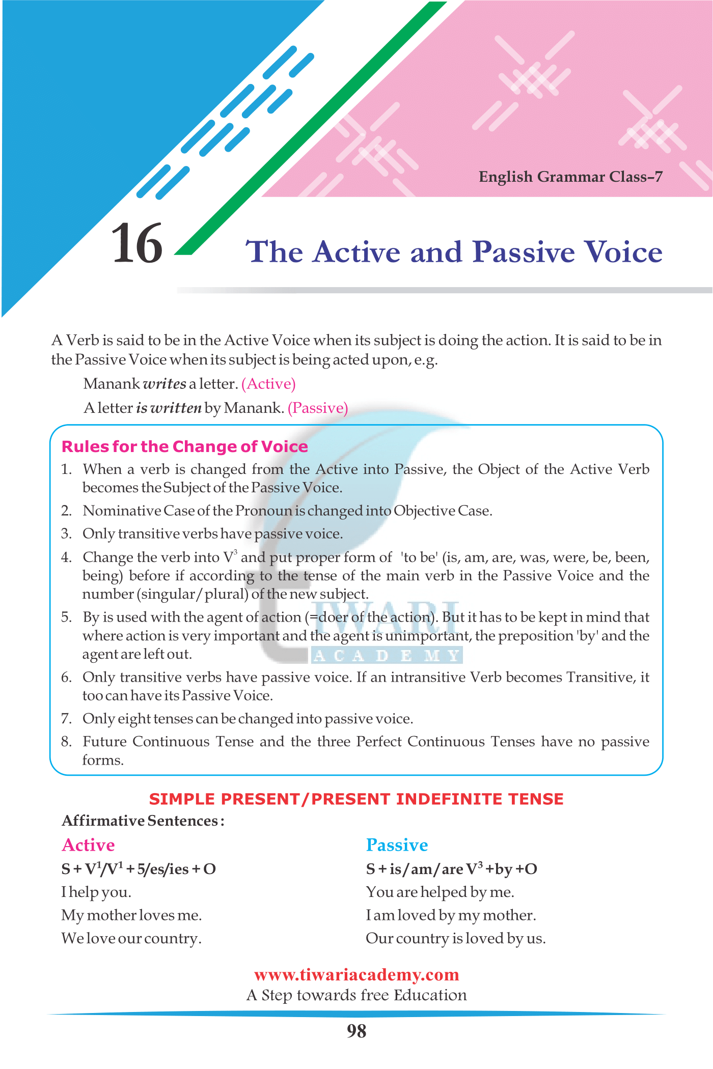 Class 7 English Grammar Chapter 16 The Active and Passive Voice with examples