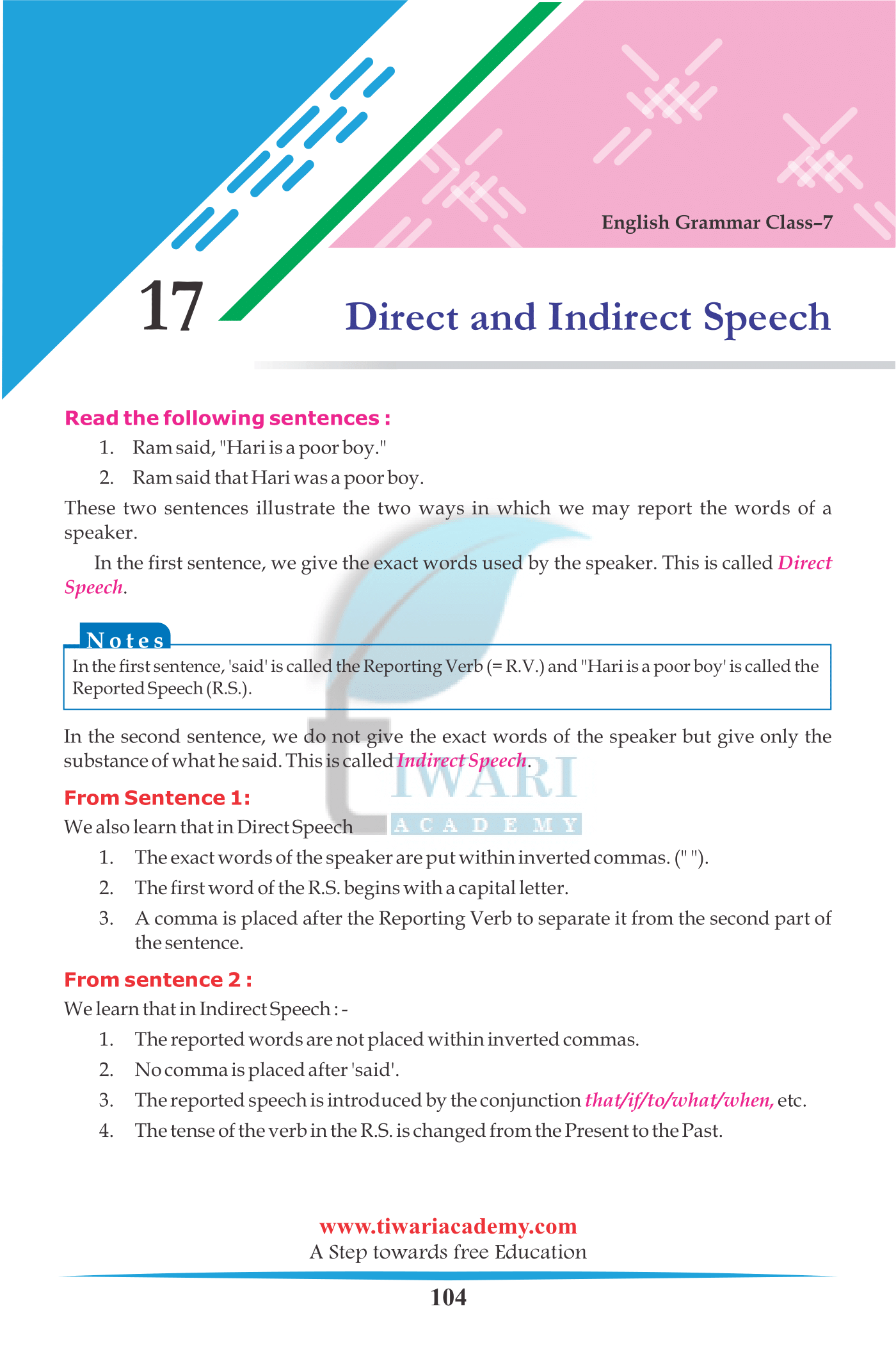 Class 7 English Grammar Chapter 17 Direct and Indirect Speech session 2022-2023