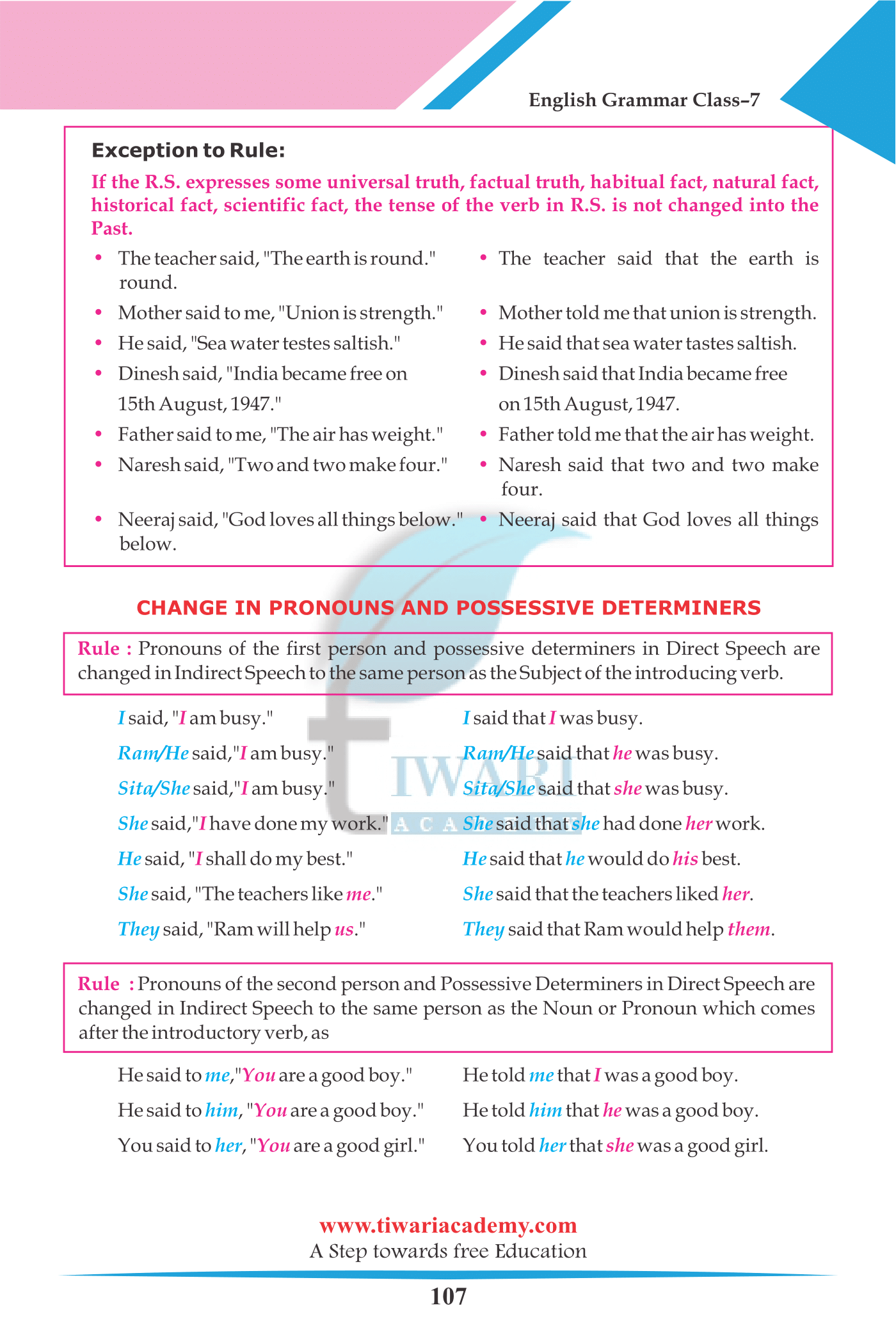 7th English Grammar Chapter 17 Direct and Indirect Speech