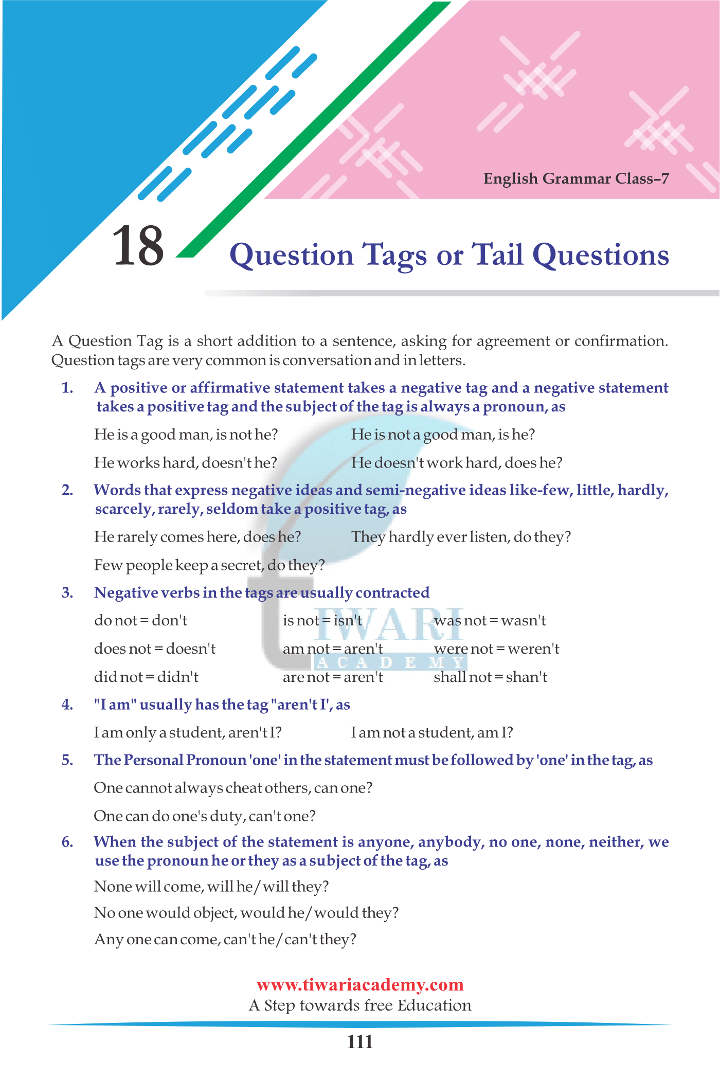 Standard 7 English Grammar Chapter 18 Question Tags