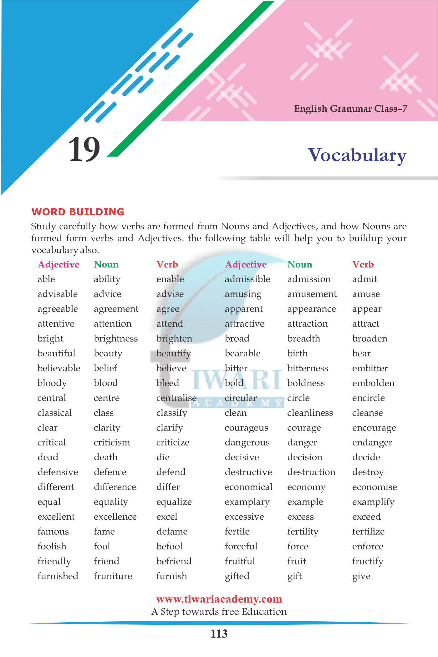 Class 7 English Grammar Chapter 19 Vocabulary for 2022-2023