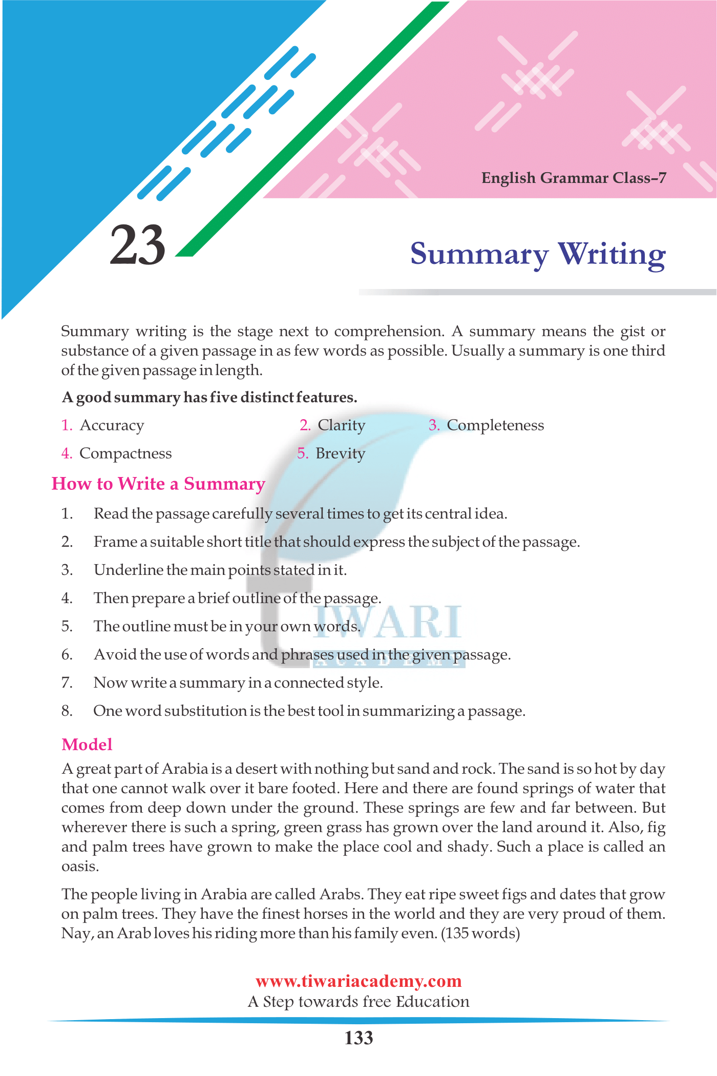 7th English Grammar Chapter 23 Summary Writing