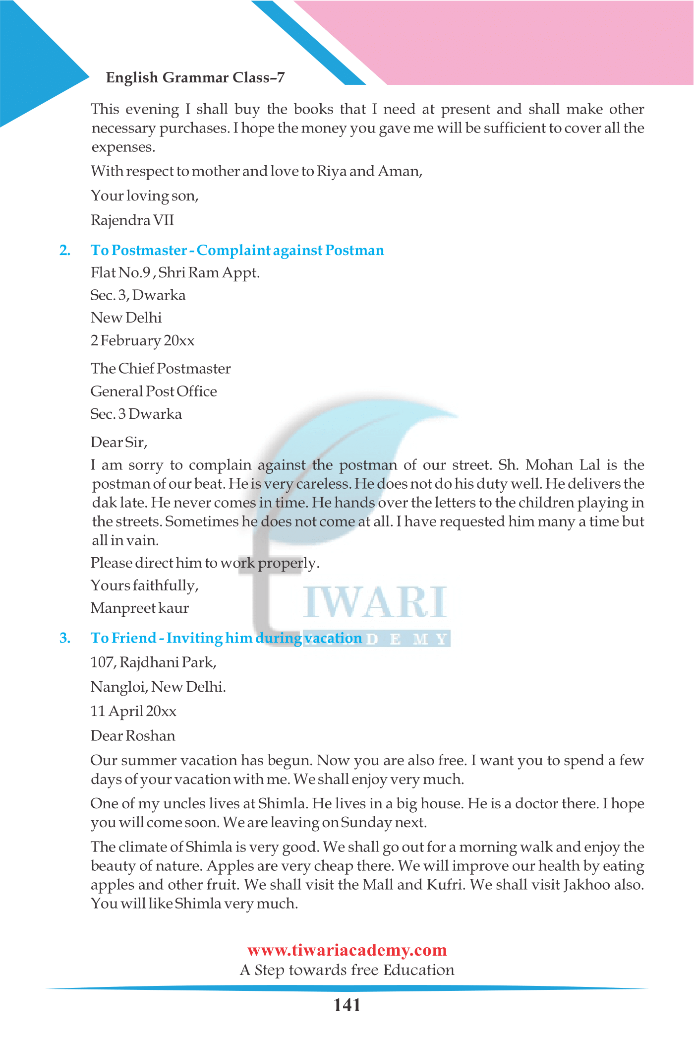 Class 7 English Grammar Letter Writing