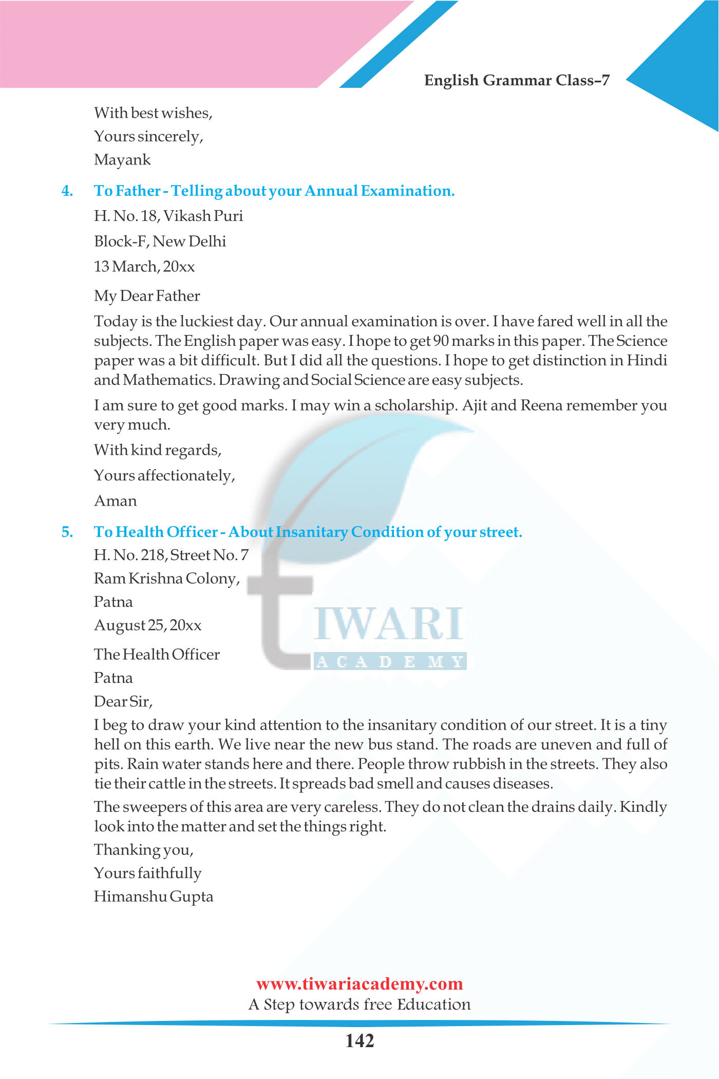 7th English Grammar Chapter 25 Letter Writing
