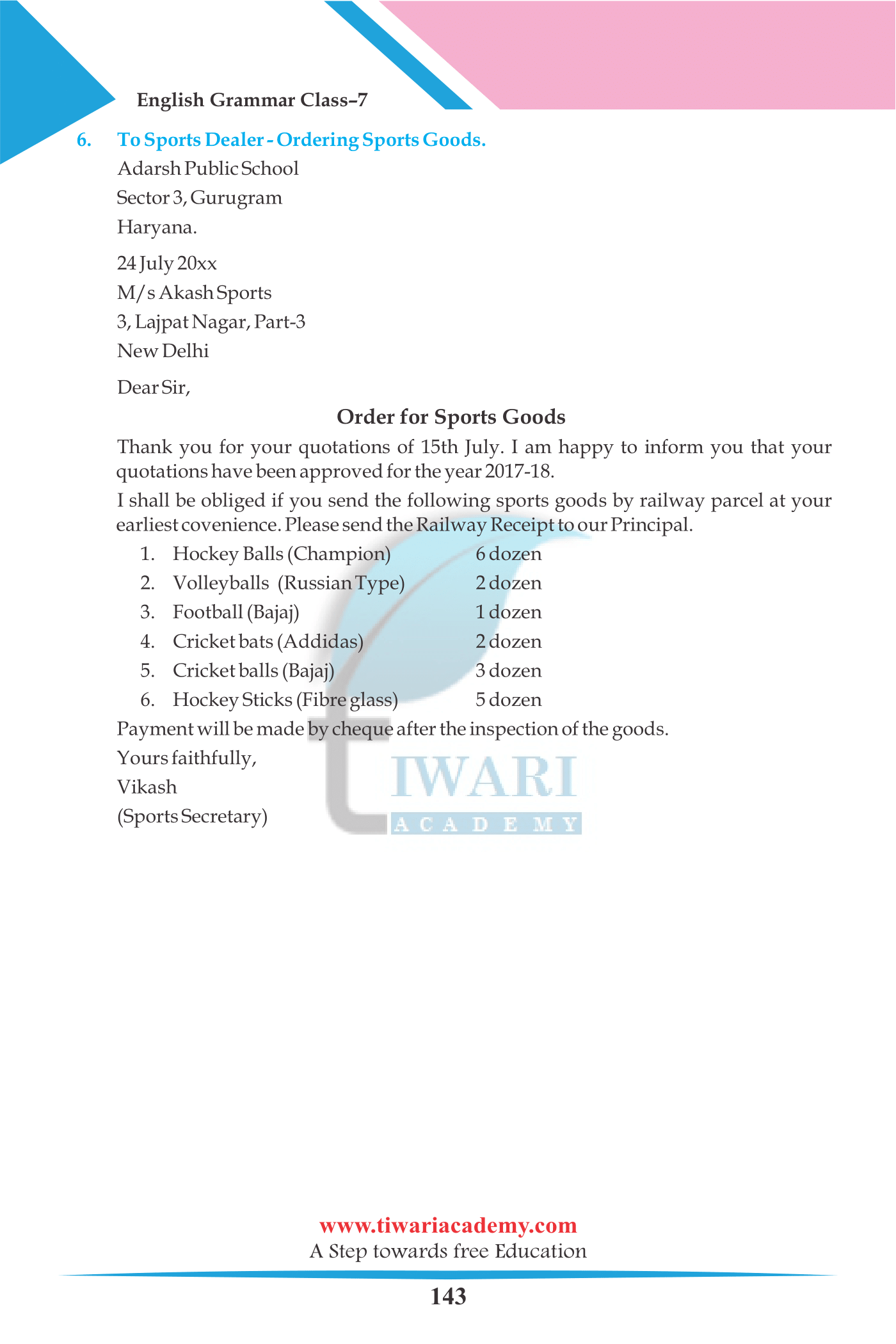 Class 7 English Grammar Chapter 25 Letter Writing CBSE 2023-2024