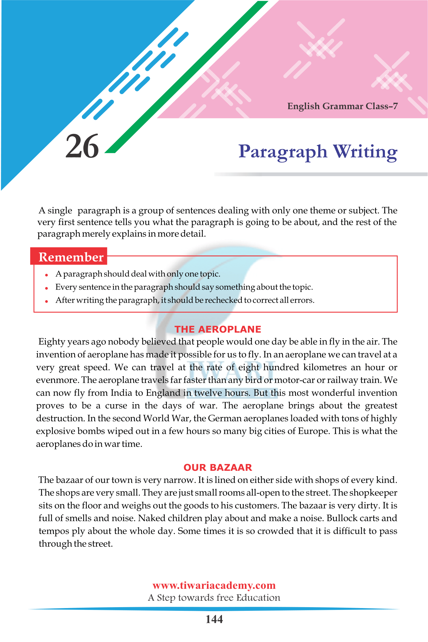 Class 7 English Grammar Chapter 26 Paragraph Writing CBSE 2023-2024