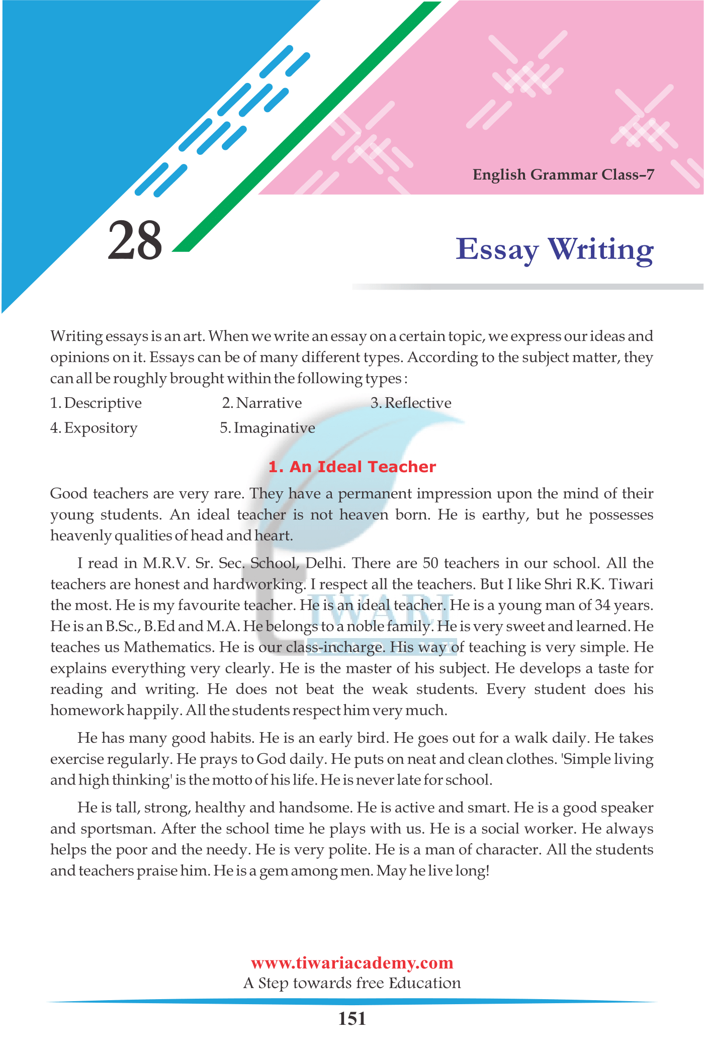 Class 7 English Grammar Chapter 28 Essay Writing practice