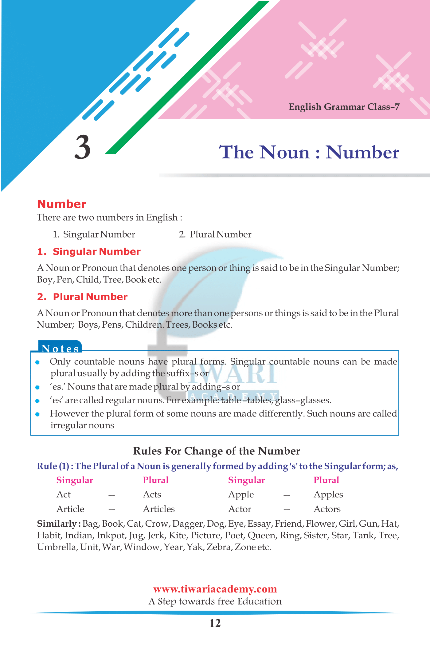 Class 7 English Grammar Chapter 3 The Noun Number