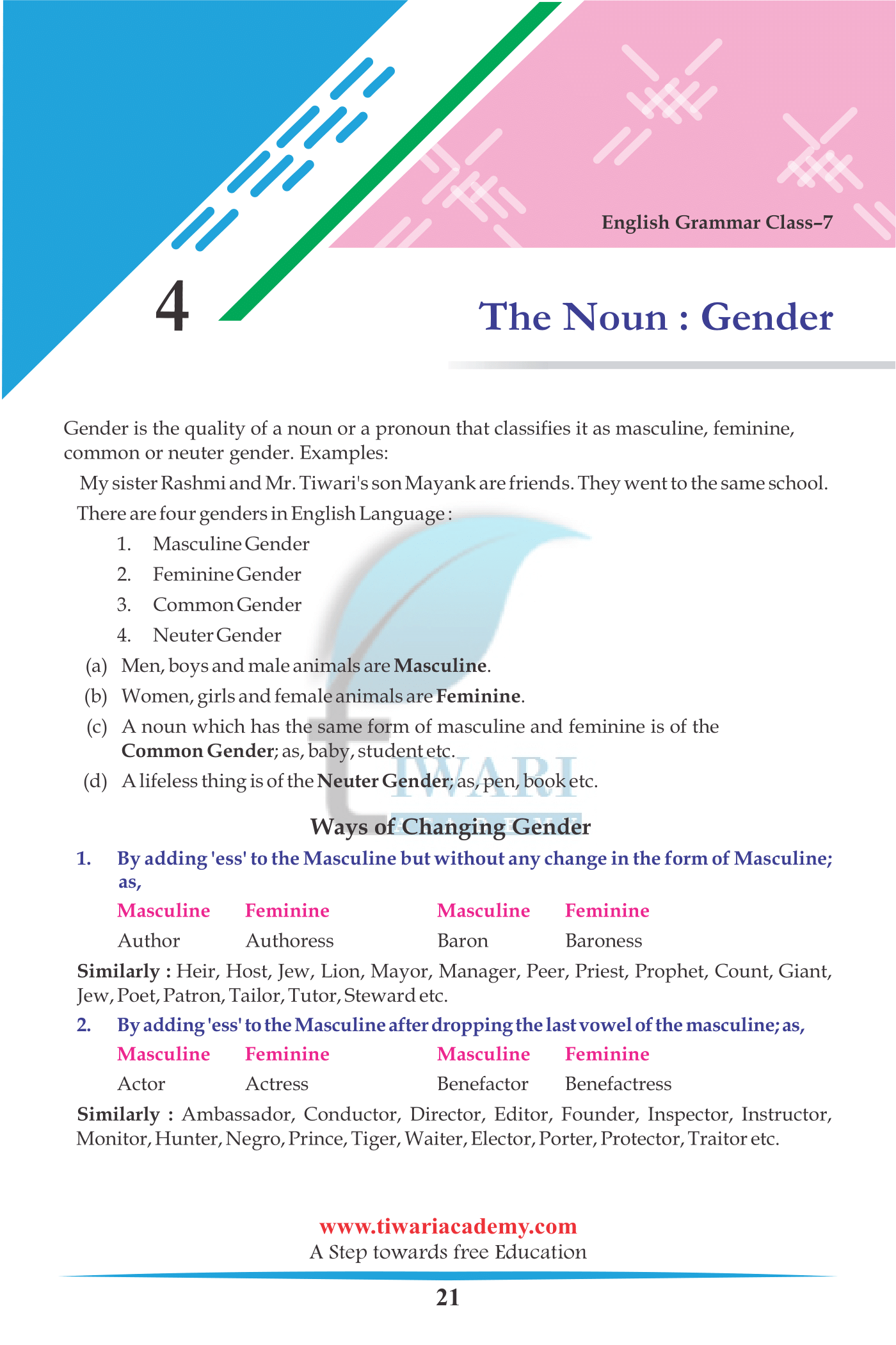 Class 7 English Grammar Chapter 4 The Noun – Gender examples