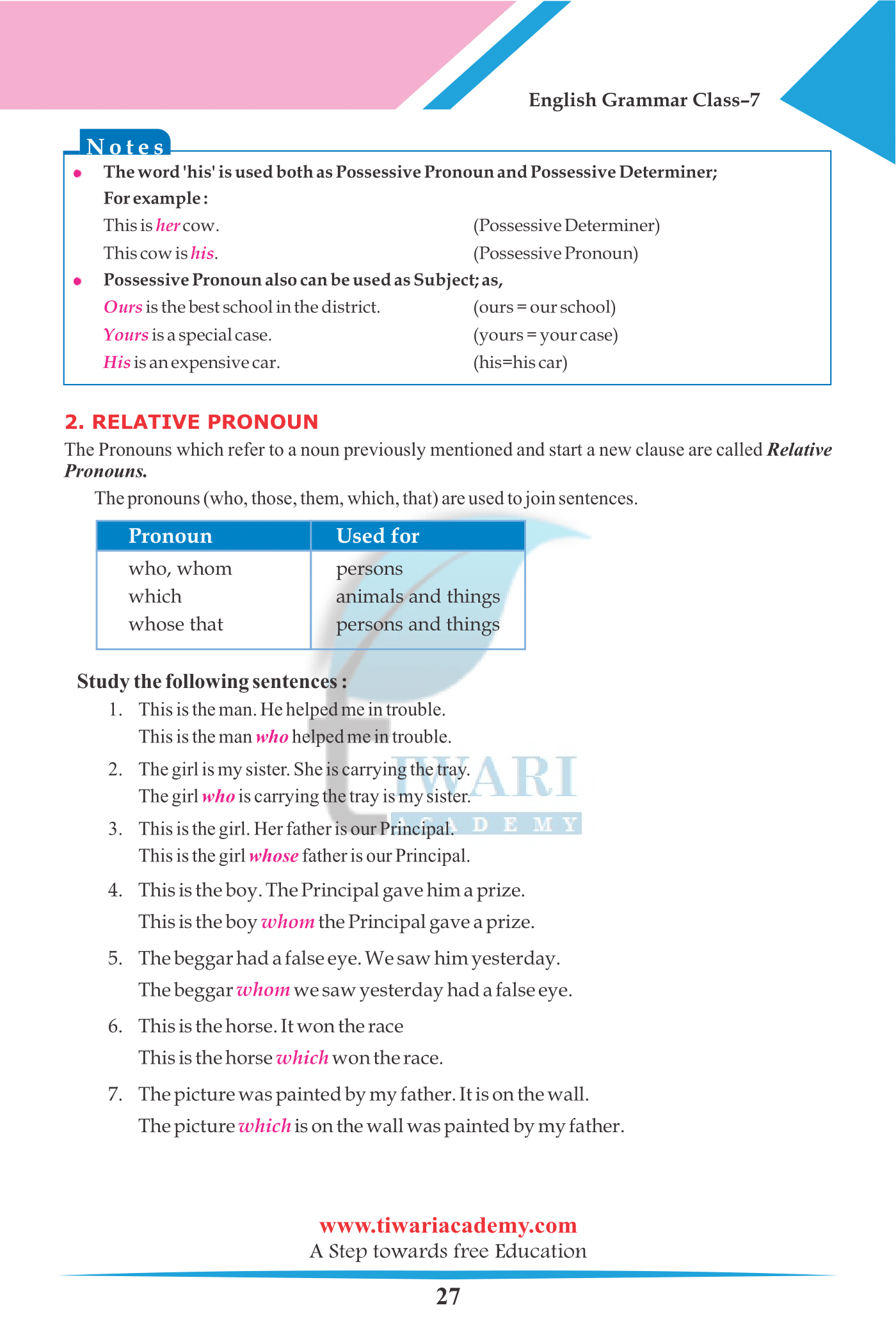 7th English Grammar Pronoun