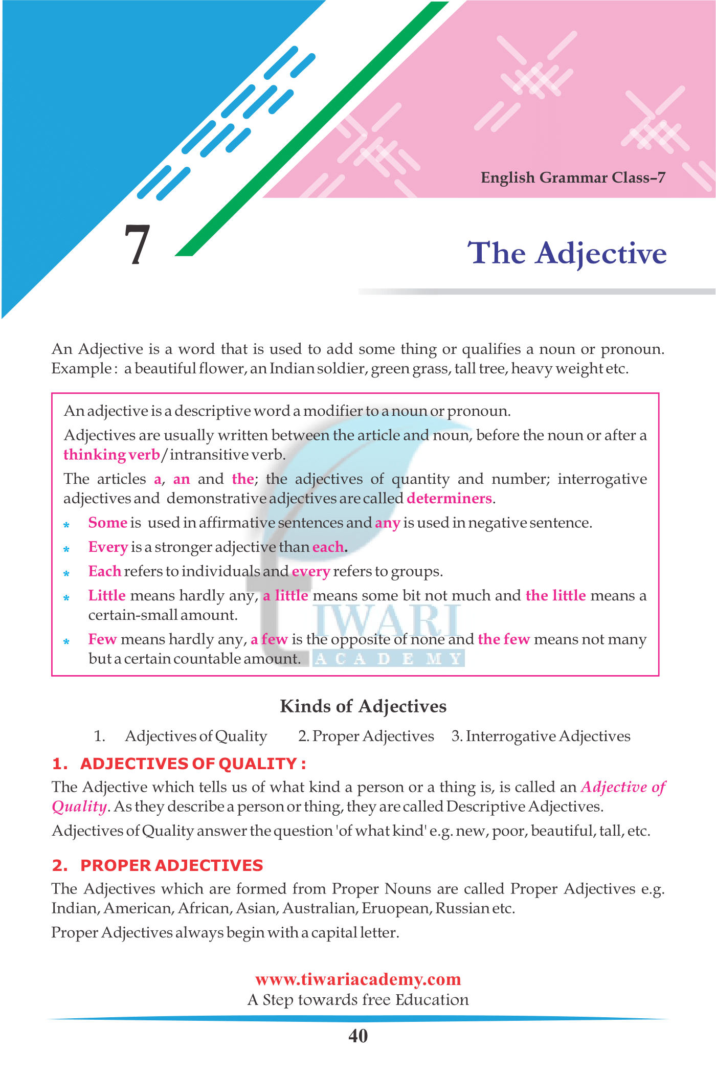 Class 7 English Grammar Chapter 7 The Adjective for 2022-2023